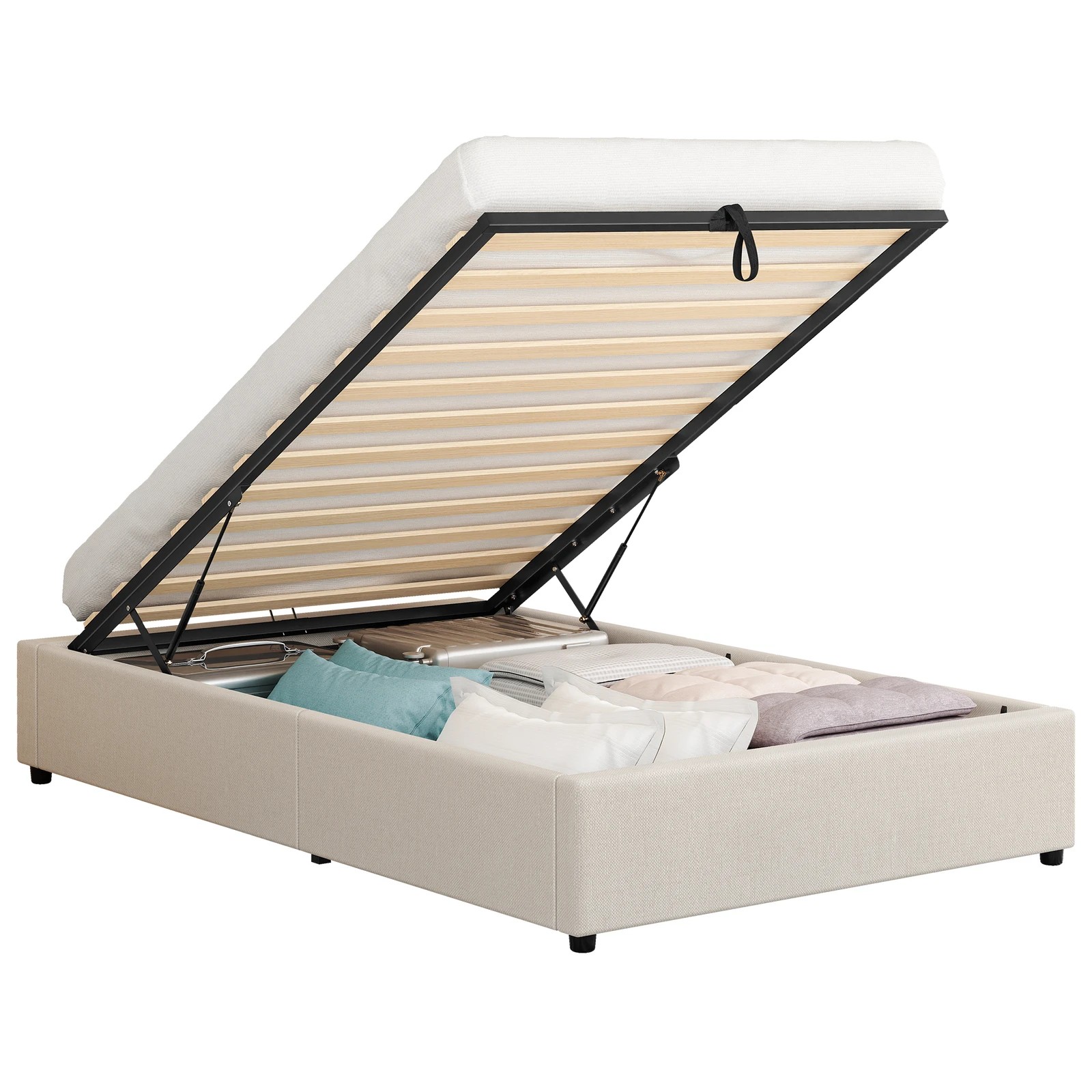 1 Alfordson Bed Frame Single Size Gas Lift Storage Mattress Base Barlow - Beige, 1 of 10