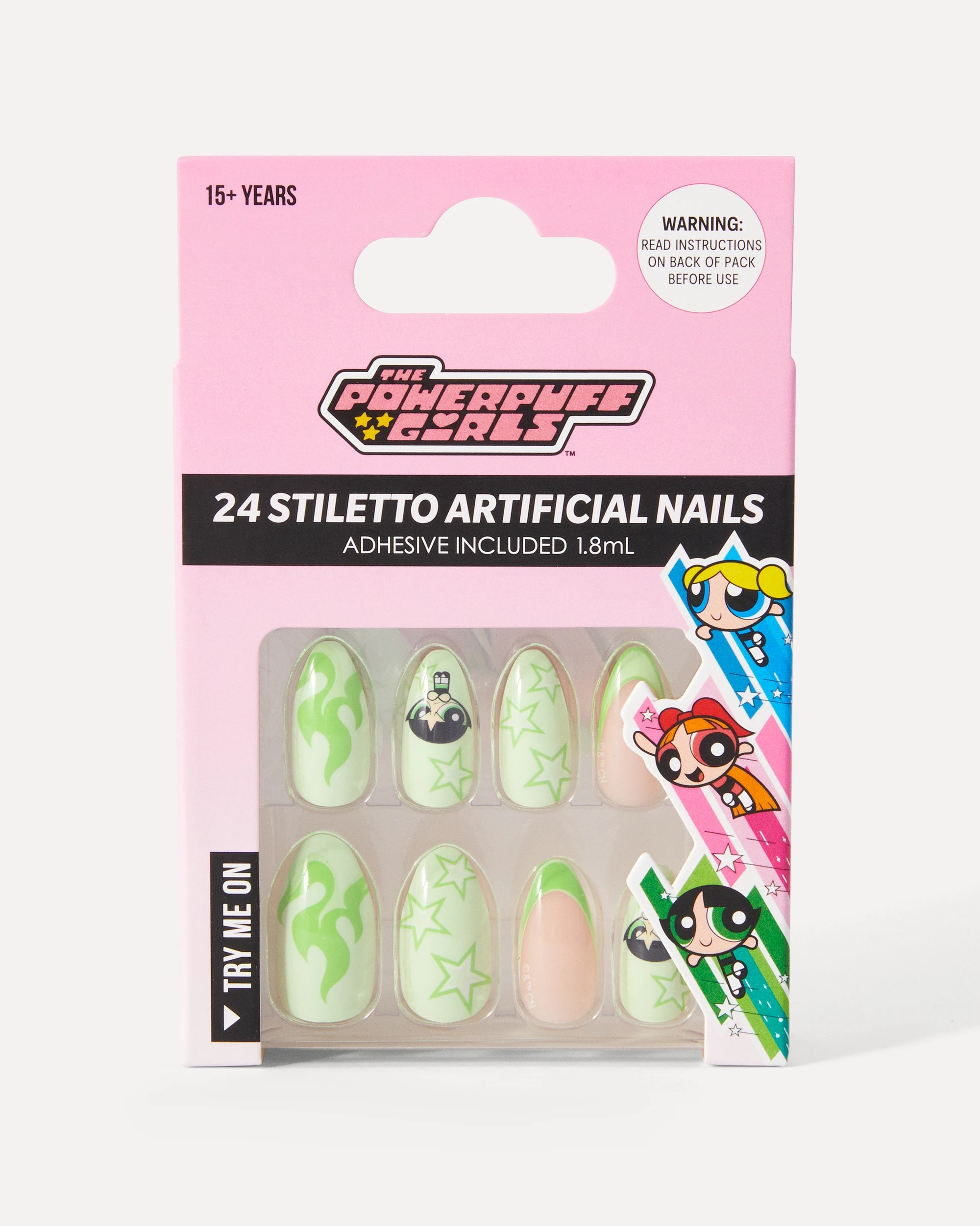 1 The Powerpuff Girls 24 Pack Artificial Nails with Adhesive - Stiletto Shape, Buttercup, 1 of 4
