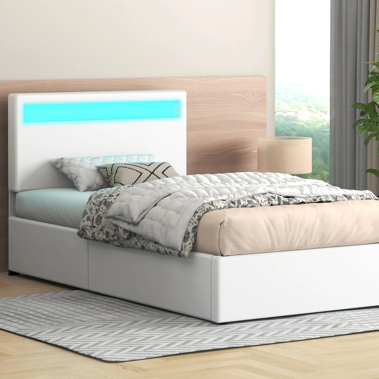 2 Alfordson Bed Frame King Single RGB LED Gas Lift Storage Base Luchino - White, 2 of 10