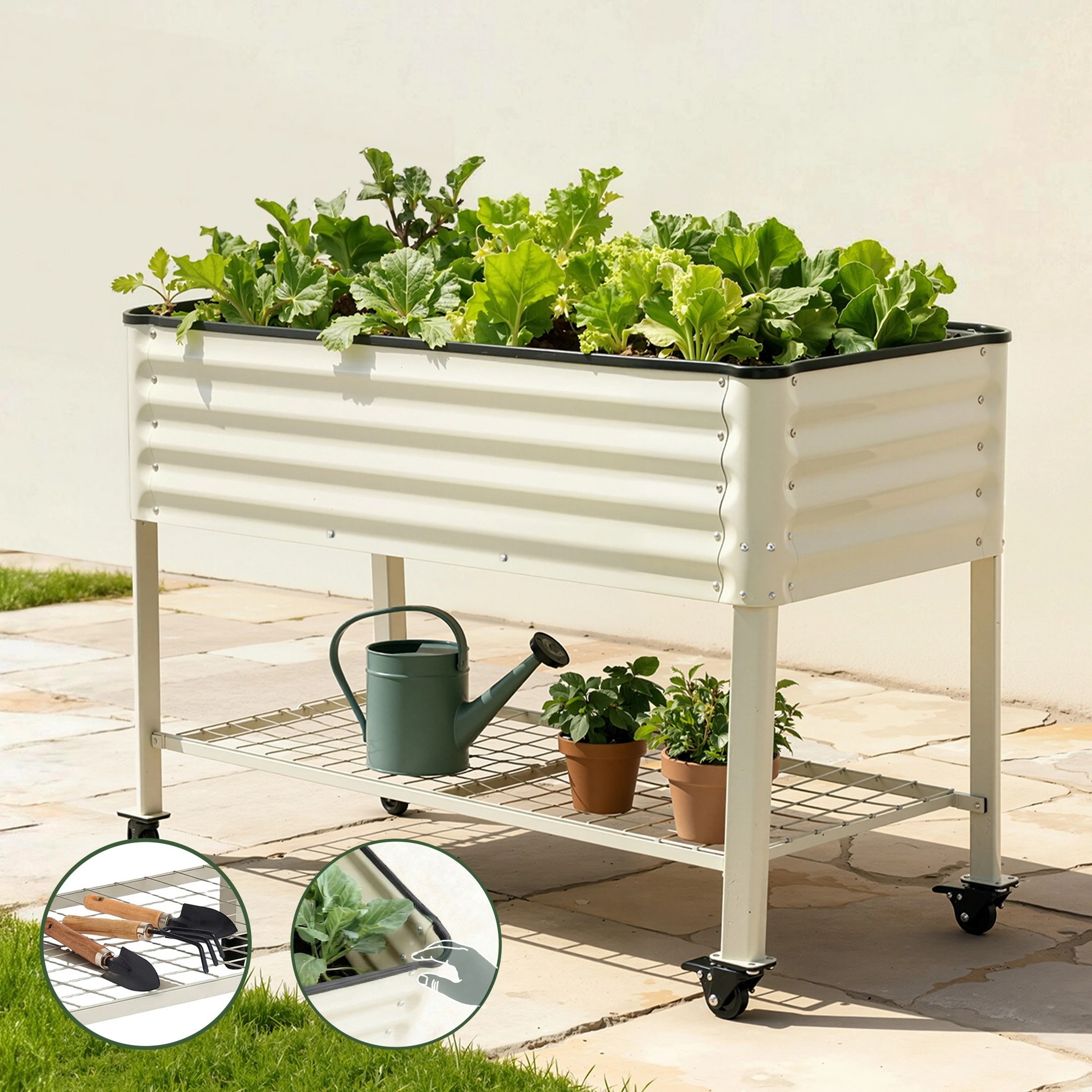 7 Green Fingers Mobile Raised Garden Bed With Wheel Storage Shelf 81cm Height for Vegetables Herb - White, 7 of 8