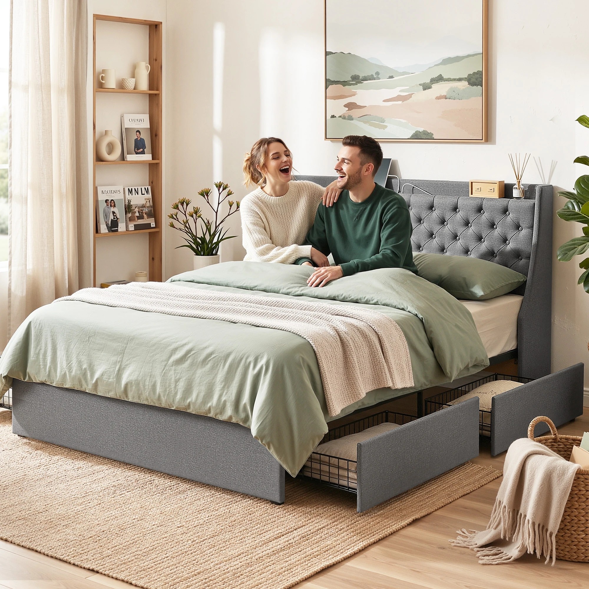 9 Artiss King Bed Frame with 4 Storage Drawers Charging Station Tufted Wingback Headboard 300kg Loads - Charcoal, 9 of 10