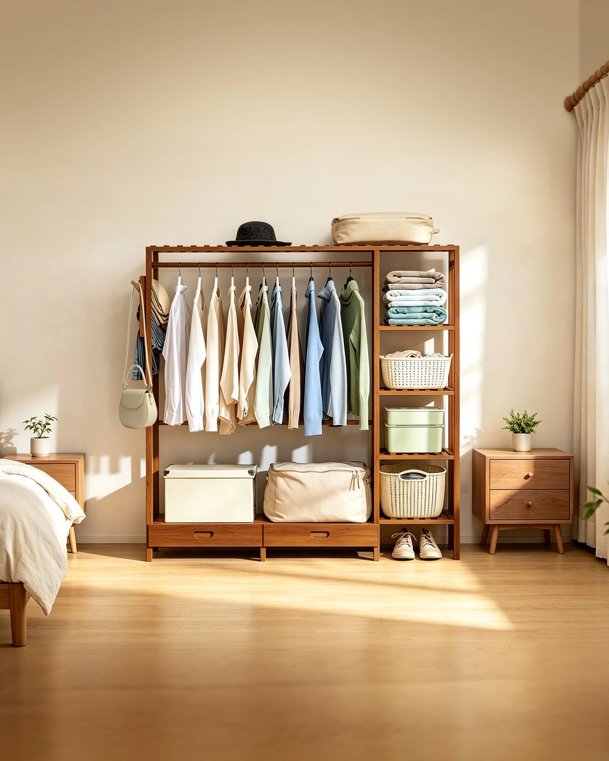 4 Foret Freestanding Open Wardrobe Bamboo Clothes Rack With Shelves & Drawers, 4 of 8