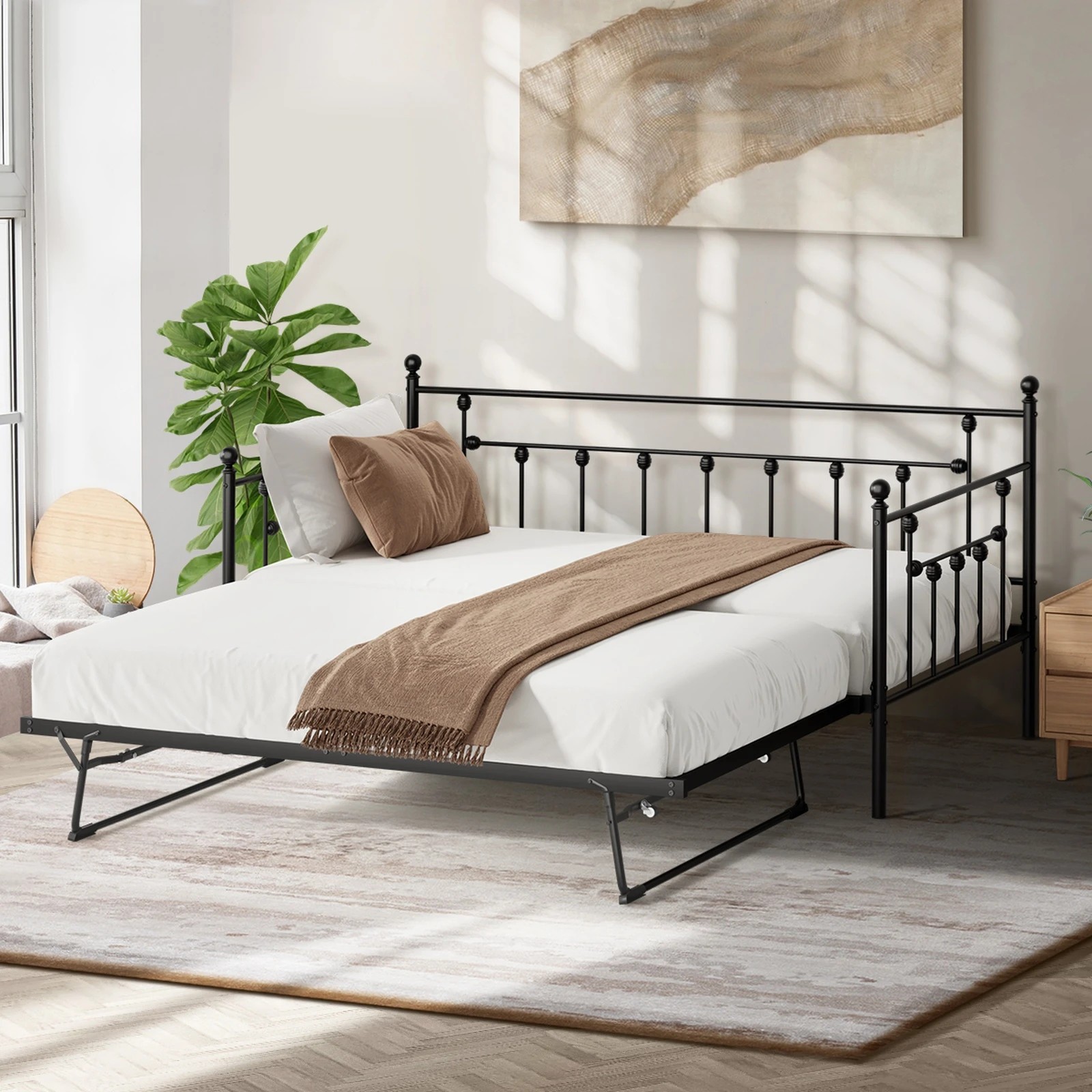 3 Oikiture Trundle Bed Frame Daybed Single Size Base Metal 2x Single Beds - Black, 3 of 8