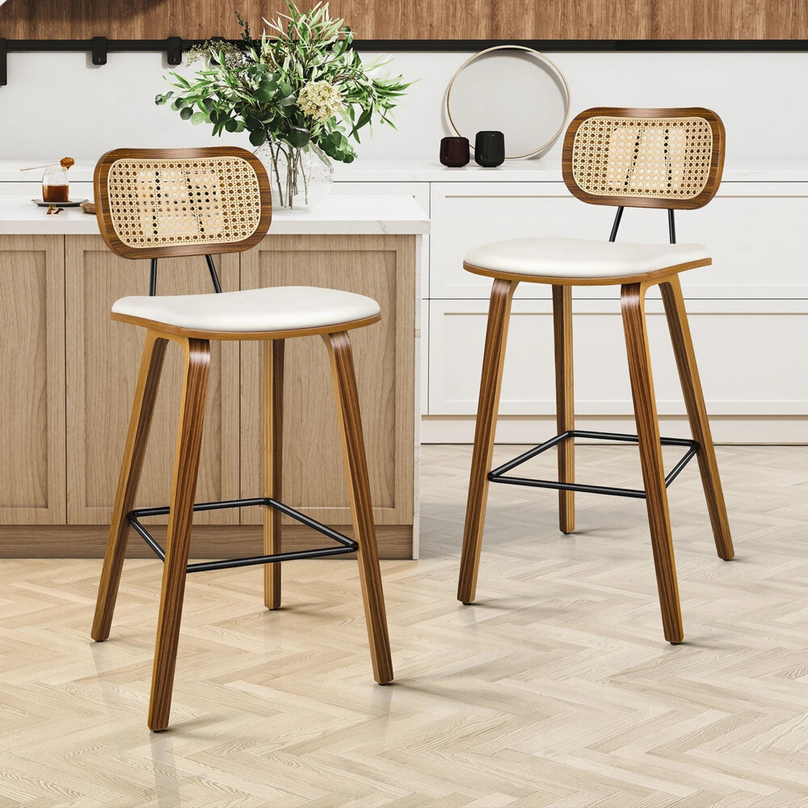 9 Alfordson 2x Bar Stools Kitchen Vintage Leather Seat Rattan Chair Wooden - White, 9 of 9