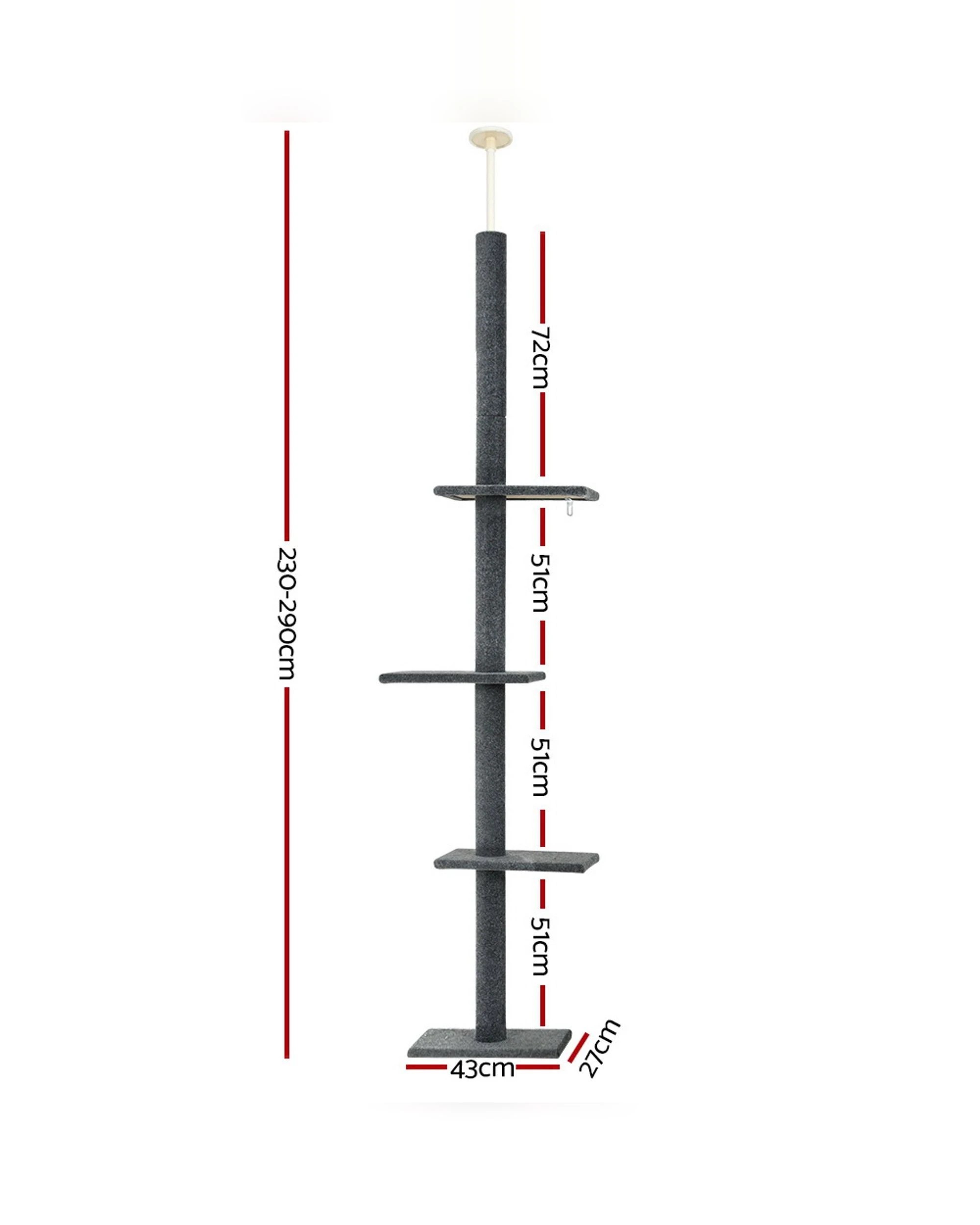 2 i.Pet Cat Tree 290cm Tower Scratching Post Scratcher Floor to Ceiling Cats Bed - Grey, 2 of 4