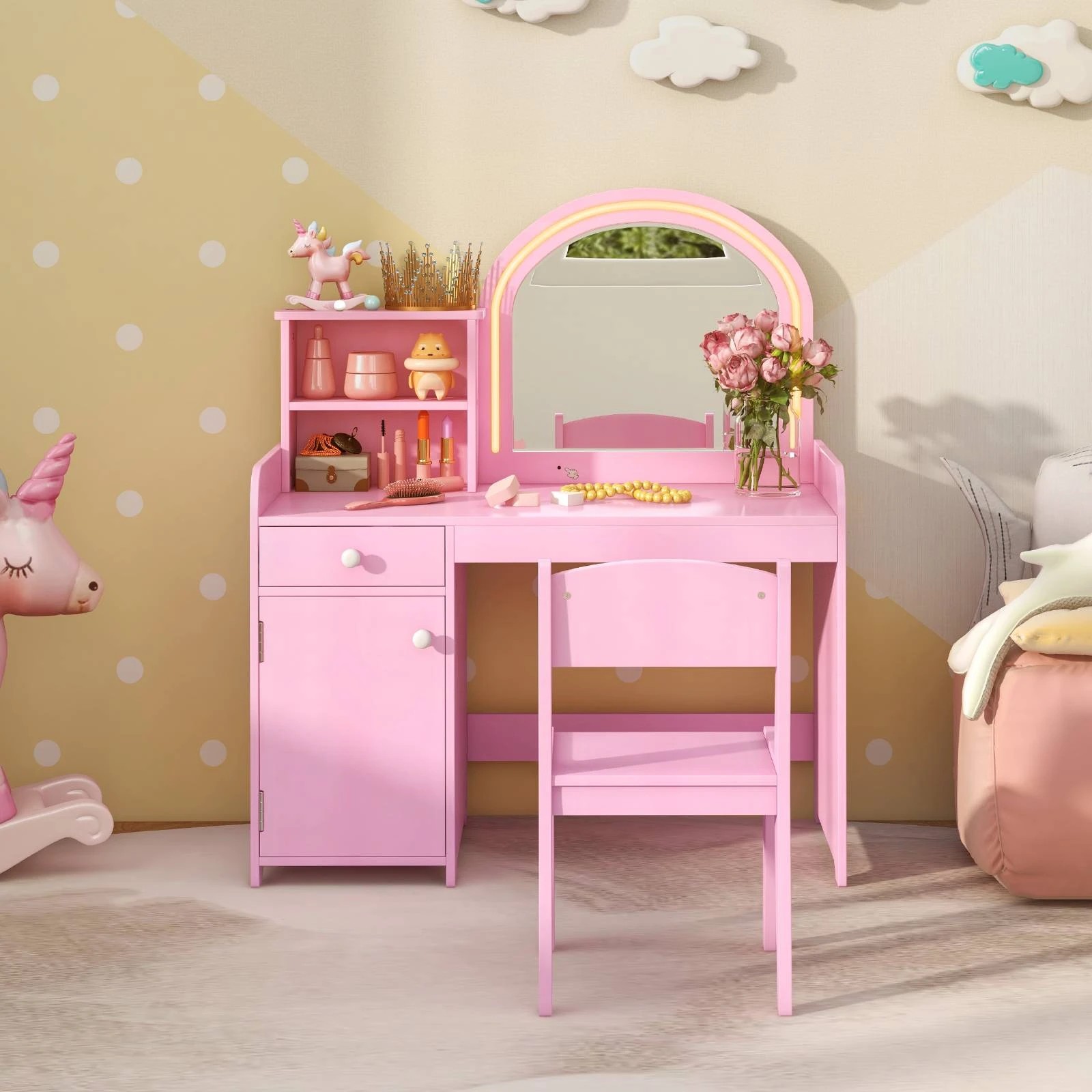 3 Costway Vanity Table & Chair Set Princess Makeup Dressing Table w/2-Color LED Lights - Pink, 3 of 4
