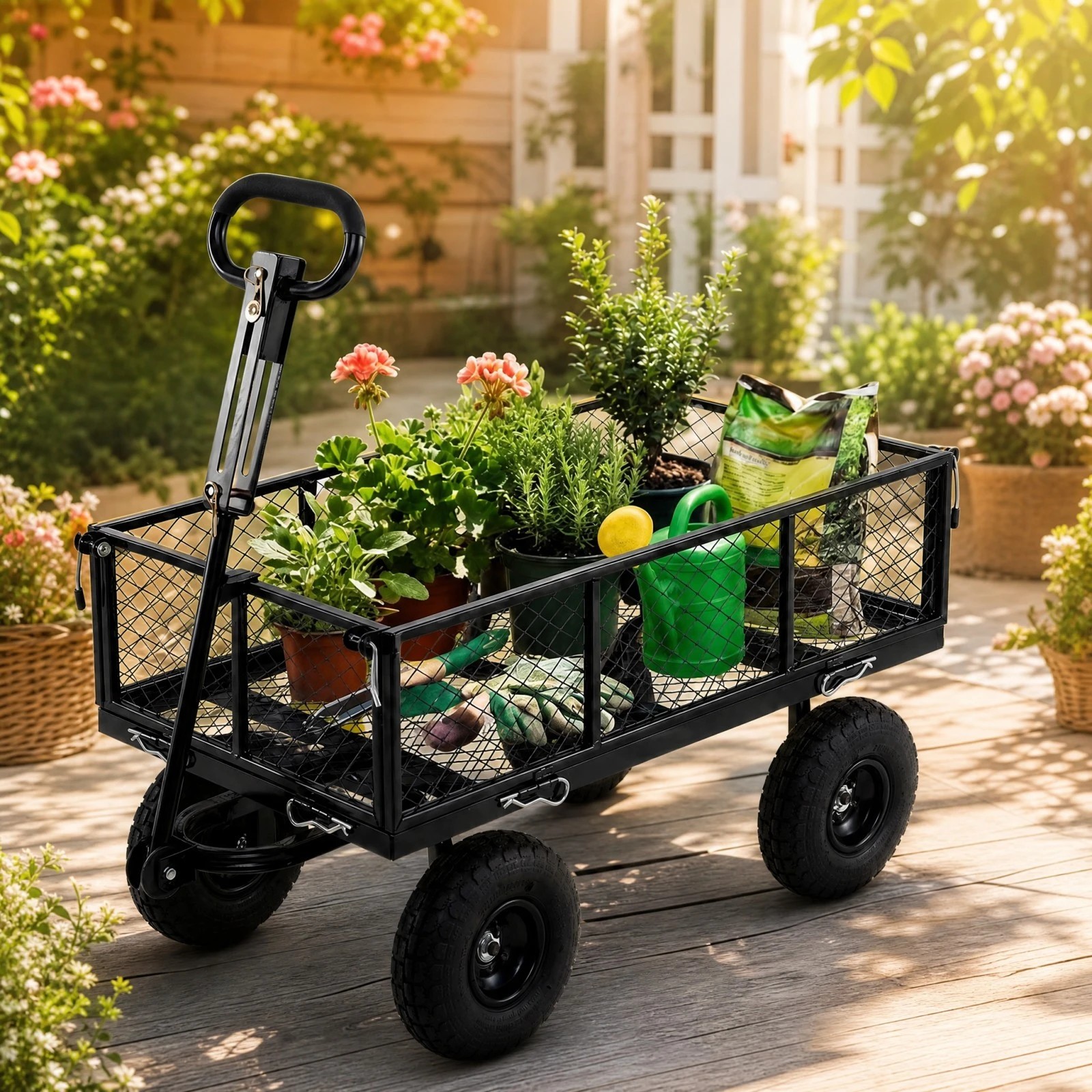 2 Costway Heavy Metal Garden Cart 400KG Utility Wagon w/Mesh Side & Rotating Handle - Black, 2 of 6