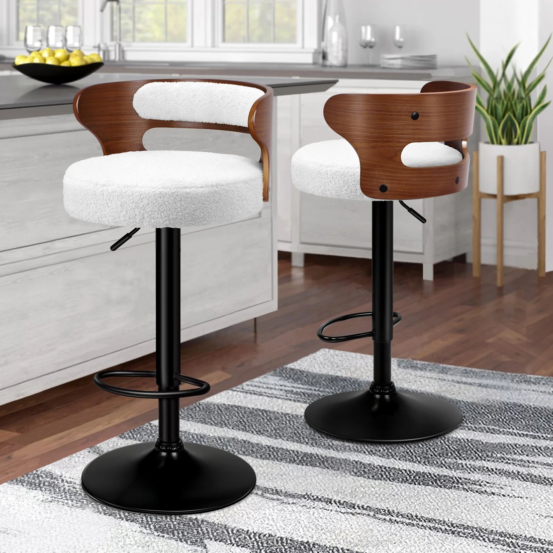 2 Alfordson 2x Bar Stool Kitchen Swivel Chair Wooden Boucle Ramiro - White, 2 of 10