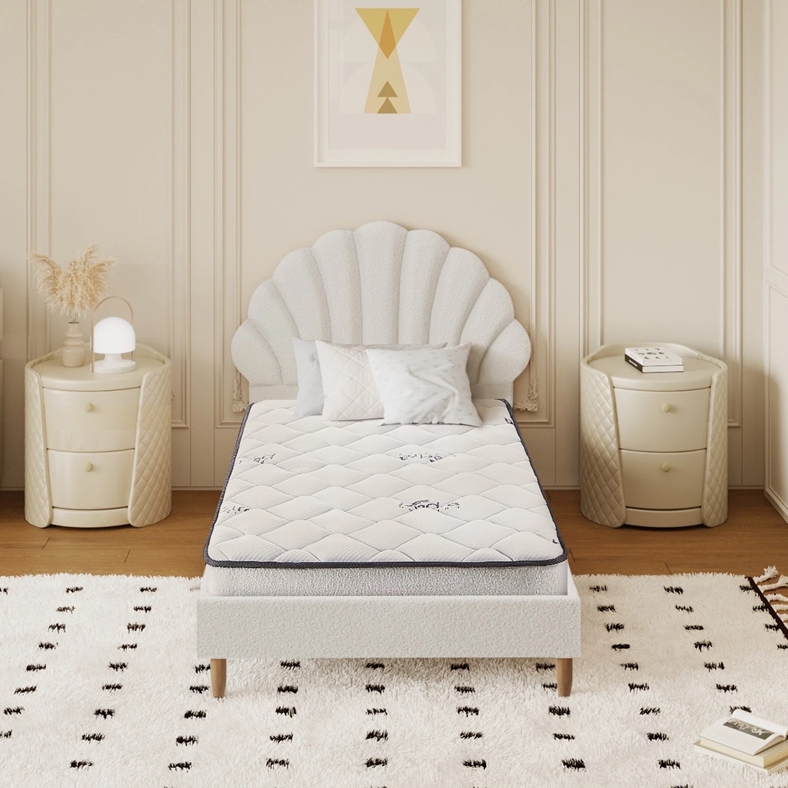 4 Oikiture Bed Frame Single Size Scallop-Shape Bedhead Boucle with Mattress - White, 4 of 8