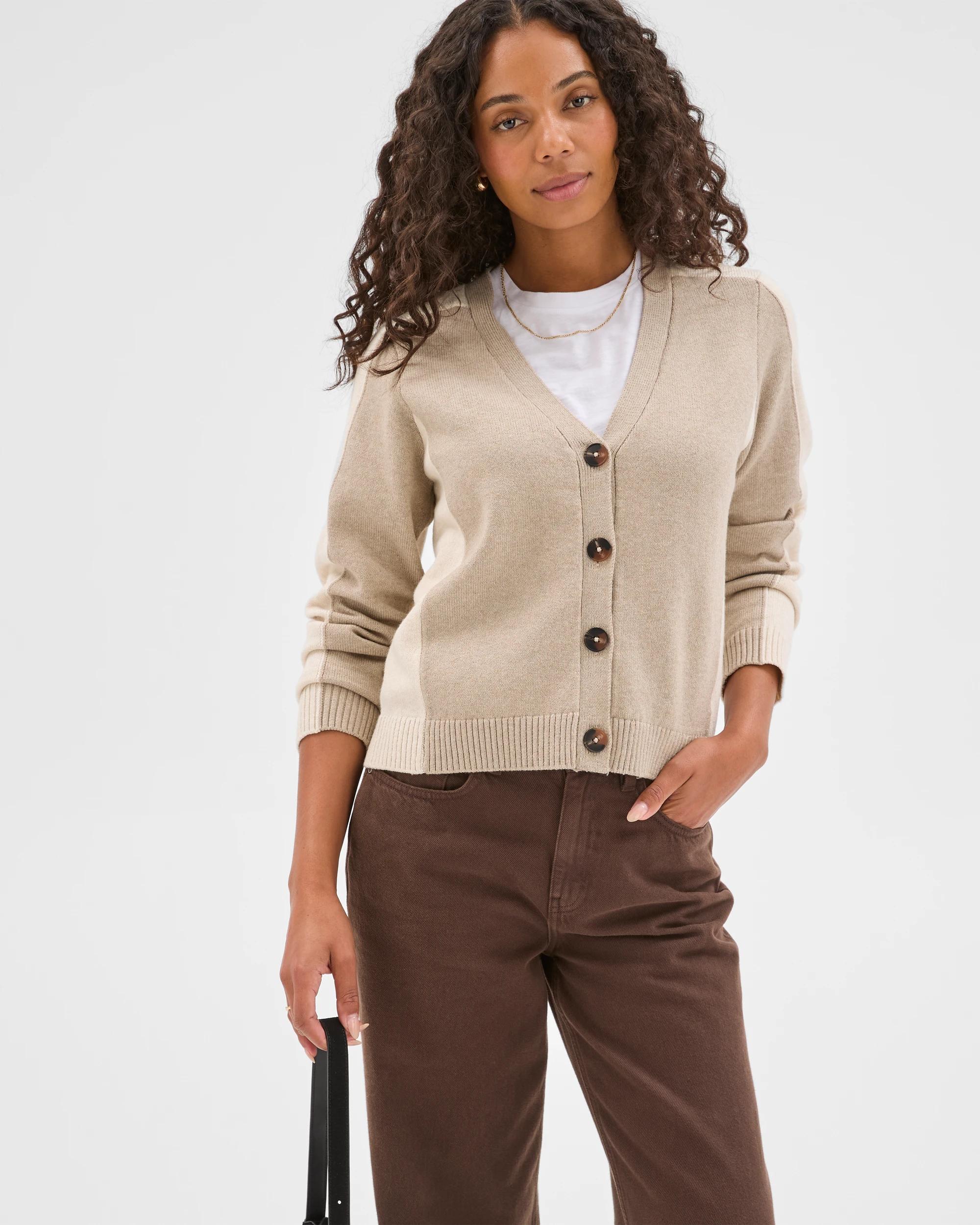 1 Target Woman Australian Cotton Blend V-Neck Colour Block Cardigan LIGHT FAWN, 1 of 8