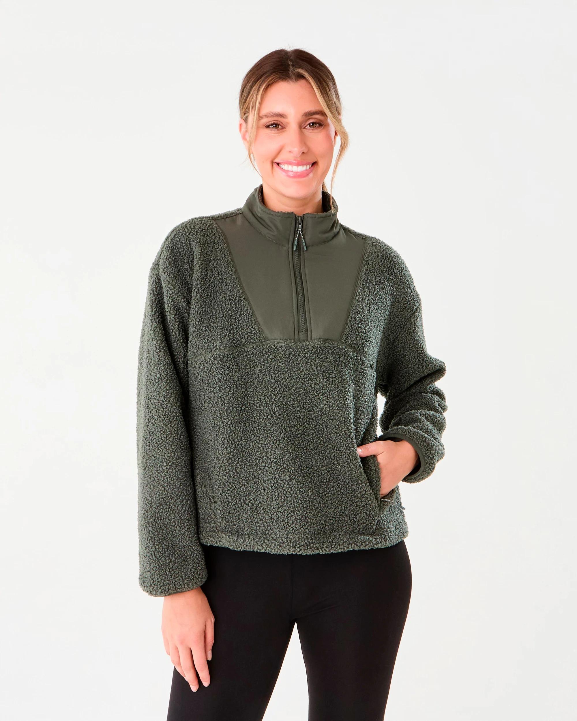 1 Active Womens 1/4 Zip Sherpa Jumper Cargo Grn, 1 of 6