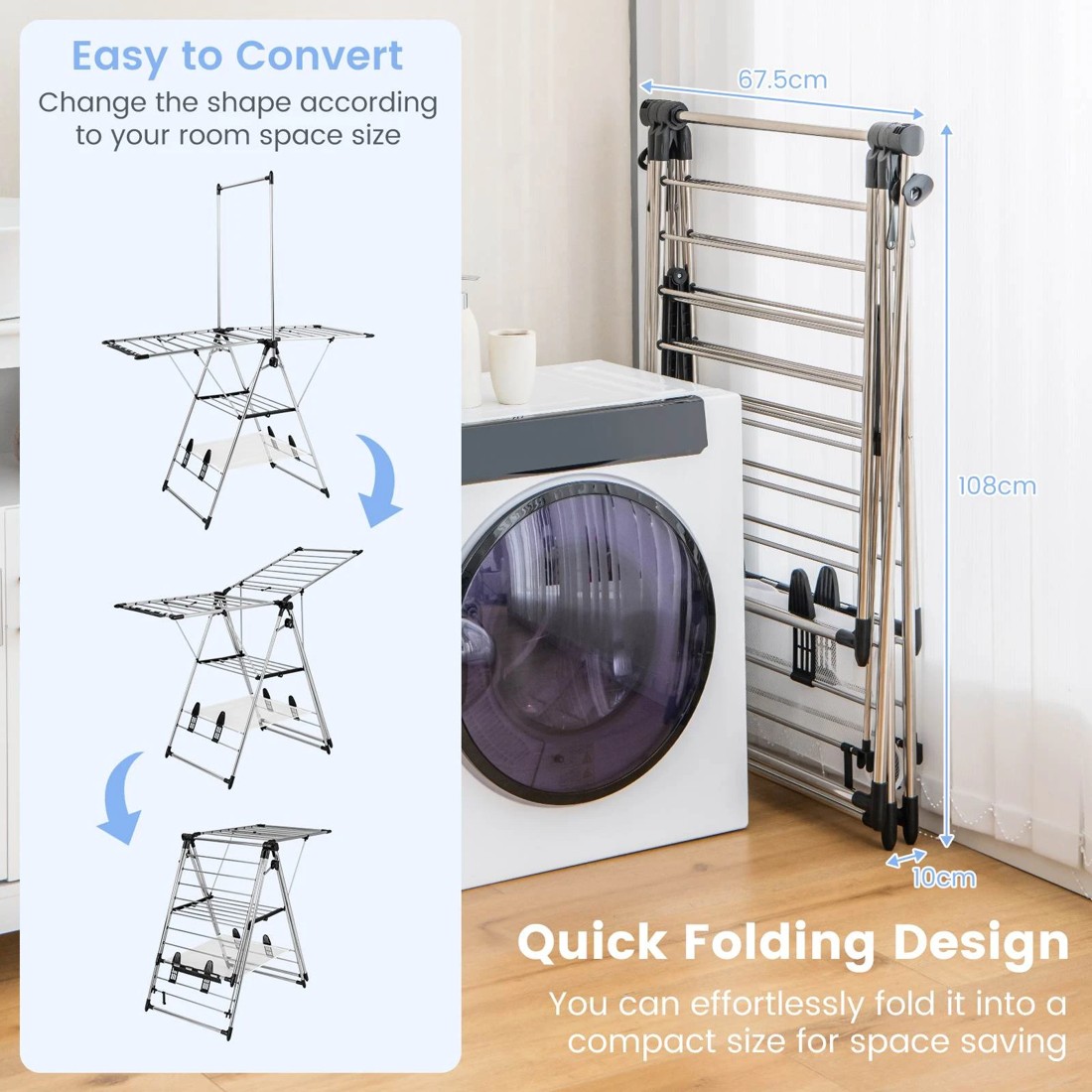 7 Costway Clothes Drying Rack Stainless Steel Gullwing Airer 6 Adjustable Height Laundry Stand, 7 of 9