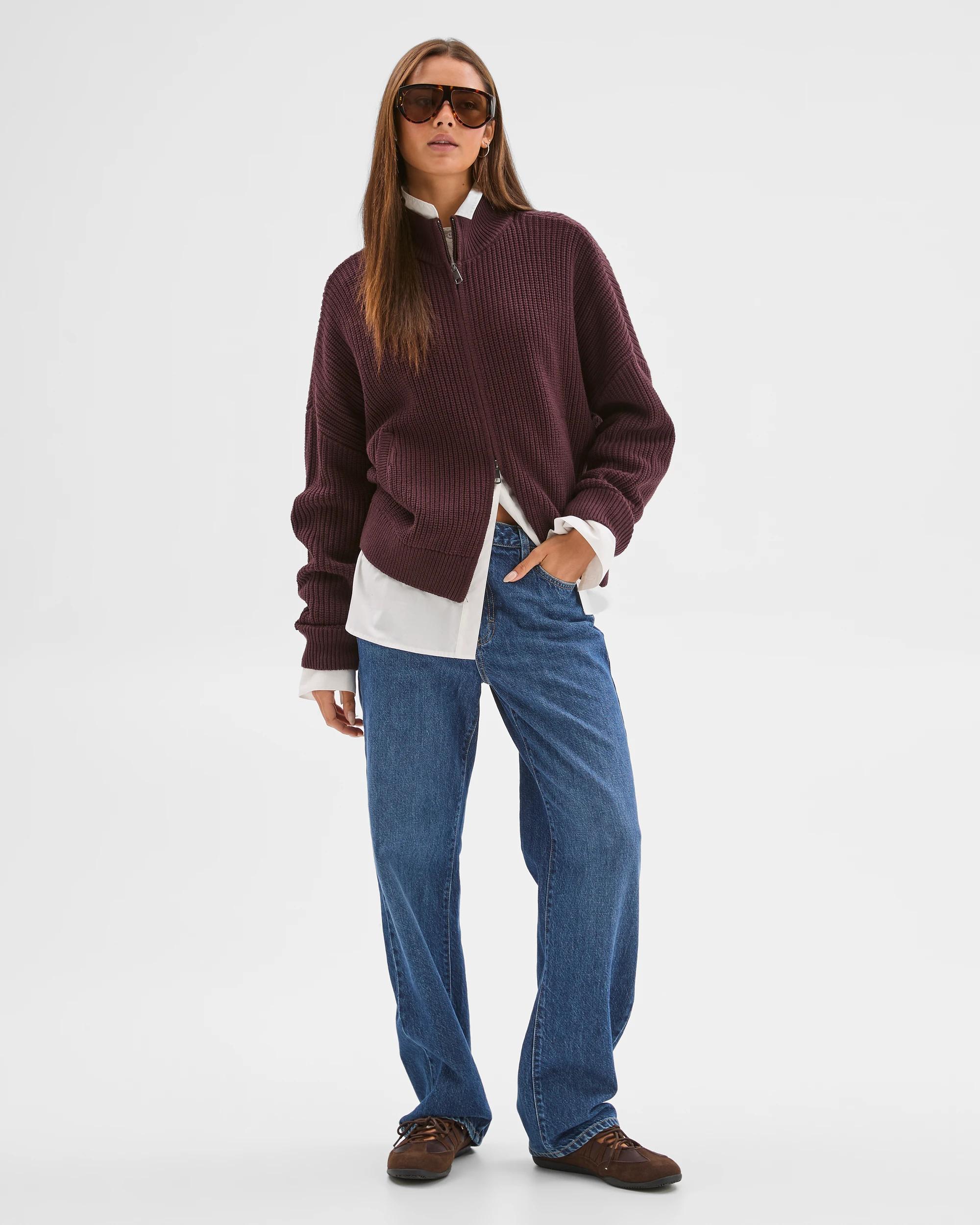 1 Lily Loves Australian Cotton Blend Zip Through Rib Cardigan FUDGE, 1 of 7