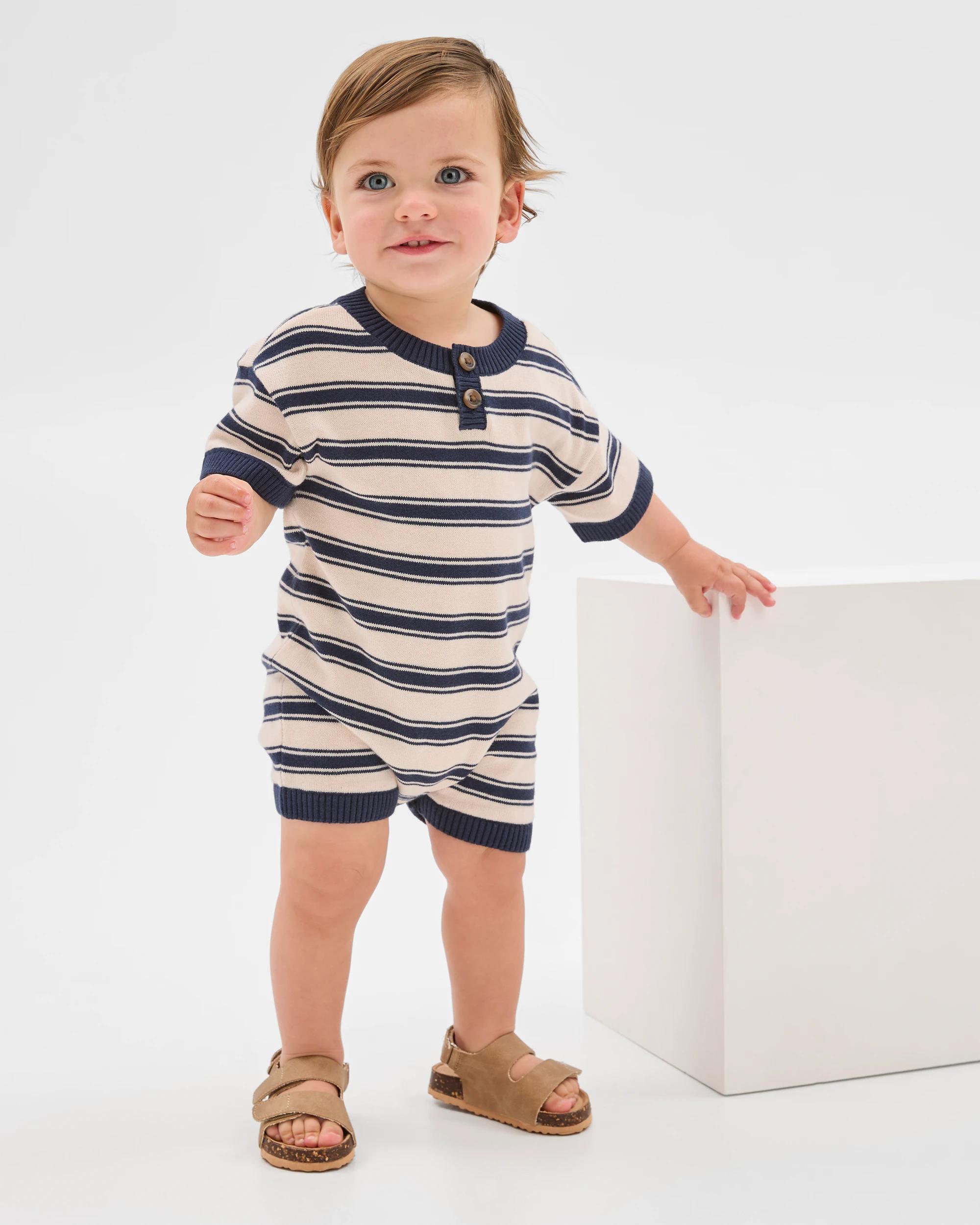 1 Target Baby Baby Organic Cotton Knit Henley Stripe Romper NAVY, 1 of 5