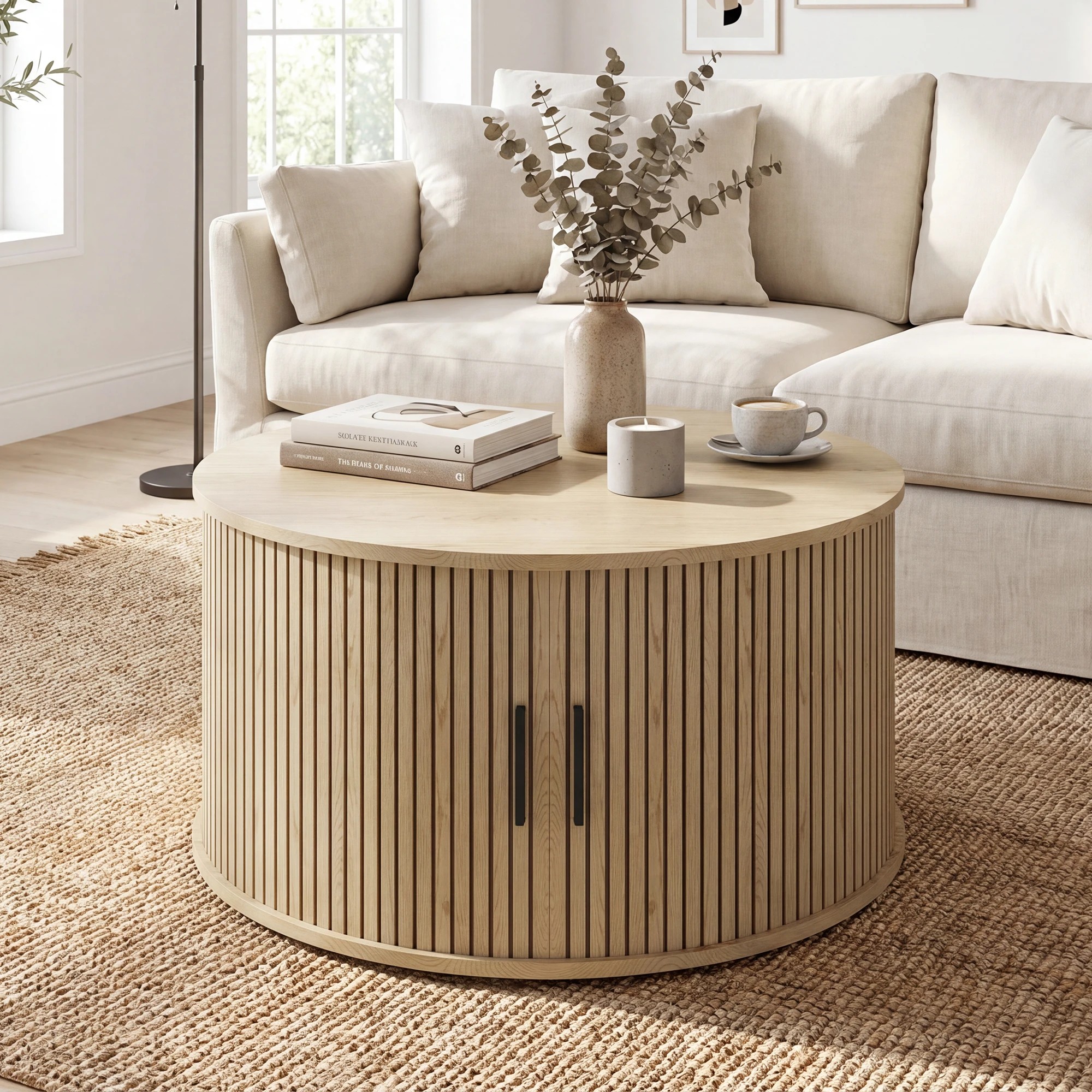4 Advwin Round Coffee Table with Sliding Door 80cm Mid Century Fluted Tambour Door Design Center Table - Natural, 4 of 7