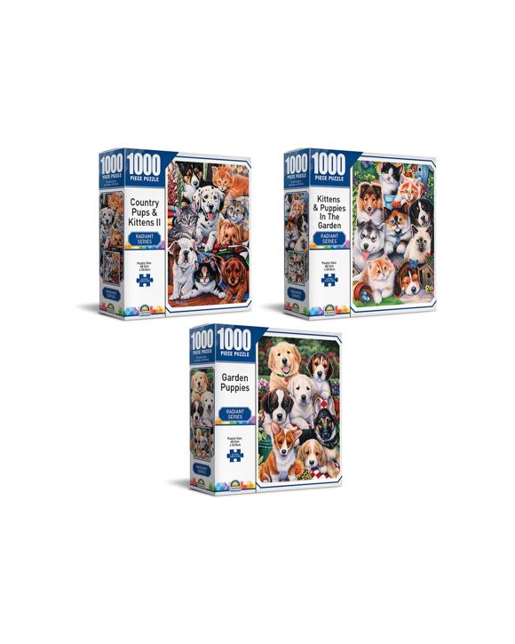 Crown 3x 1000pc Radiant Series Country Kittens Pups Garden Jigsaw Puzzle Set - Multi