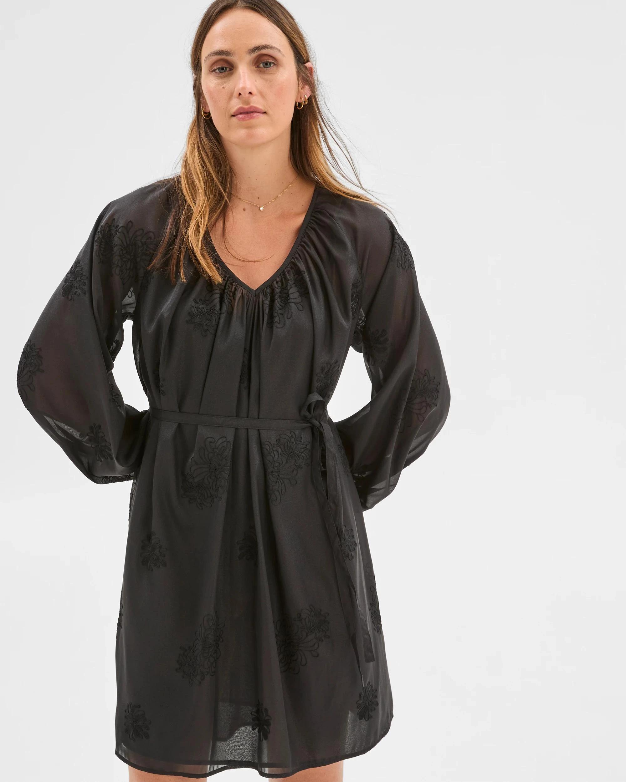 4 Preview Long Sleeve Embroidered Detail Mini Dress BLACK, 4 of 6