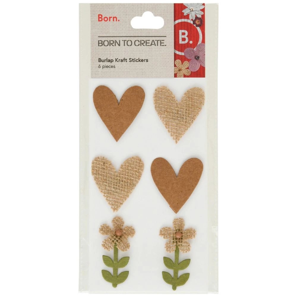 1 Born Kraft Burlap Stickers Hearts & Flowers 6 Pack, 1 of 2