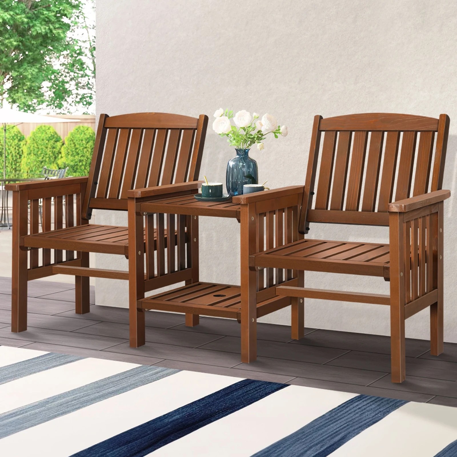 2 Alfordson Outdoor Garden Bench Wooden Loveseat Patio Chairs Table Set - Brown, 2 of 9