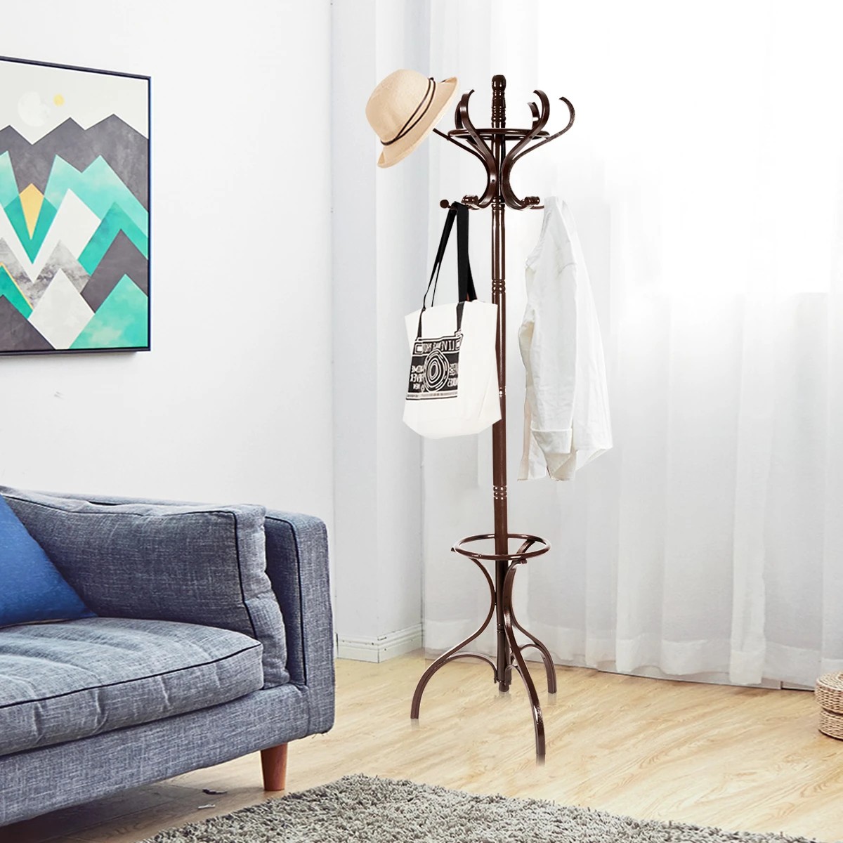 2 Costway Wood Coat Rack Hat Stand Clothes Hanger w/Umbrellar Holder & 12 Hooks 1.8M, 2 of 8