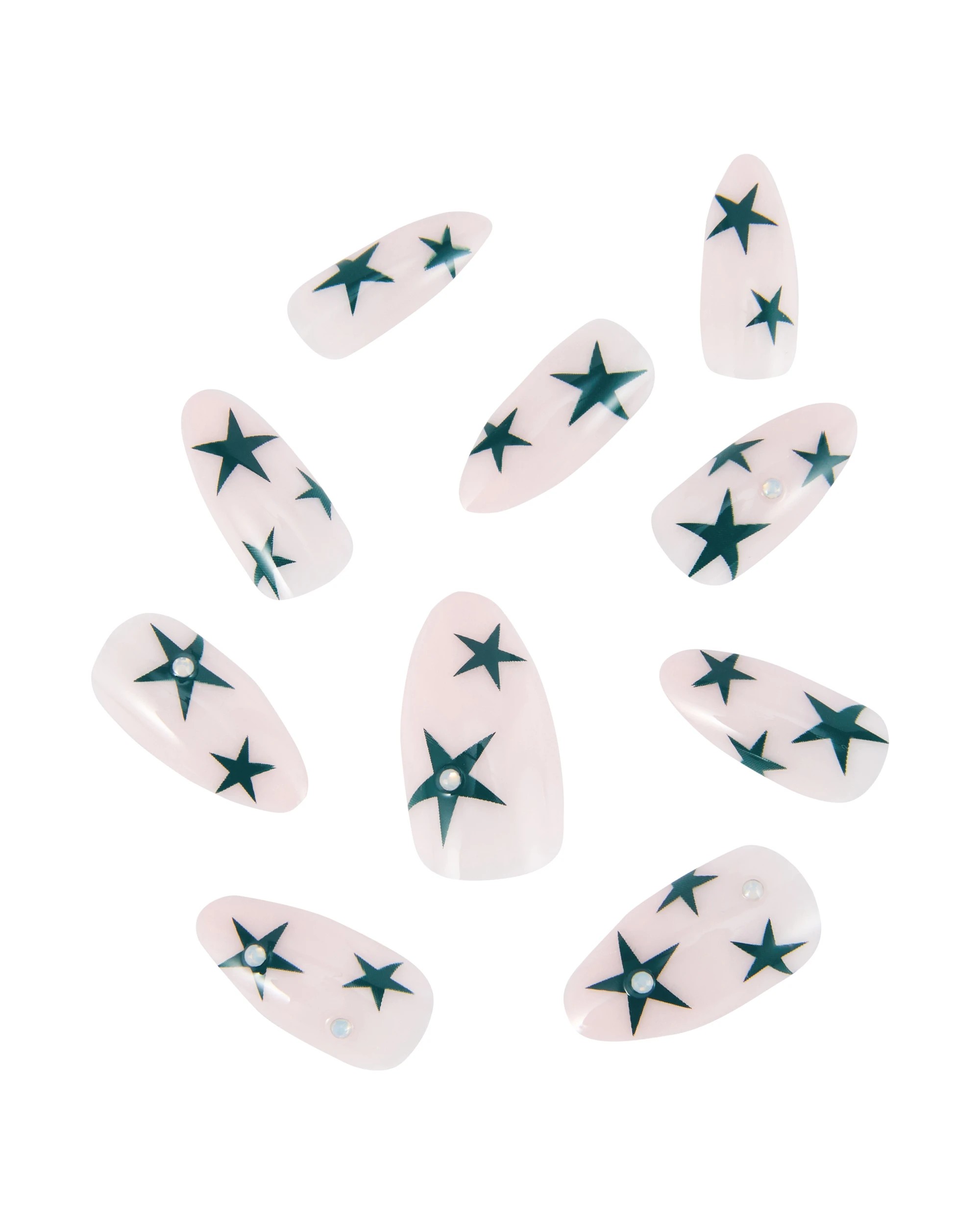 2 OXX Cosmetics 24 Pack Artificial Nails with Adhesive - Pointed Stiletto Shape, Teal Stars with Gems, 2 of 4