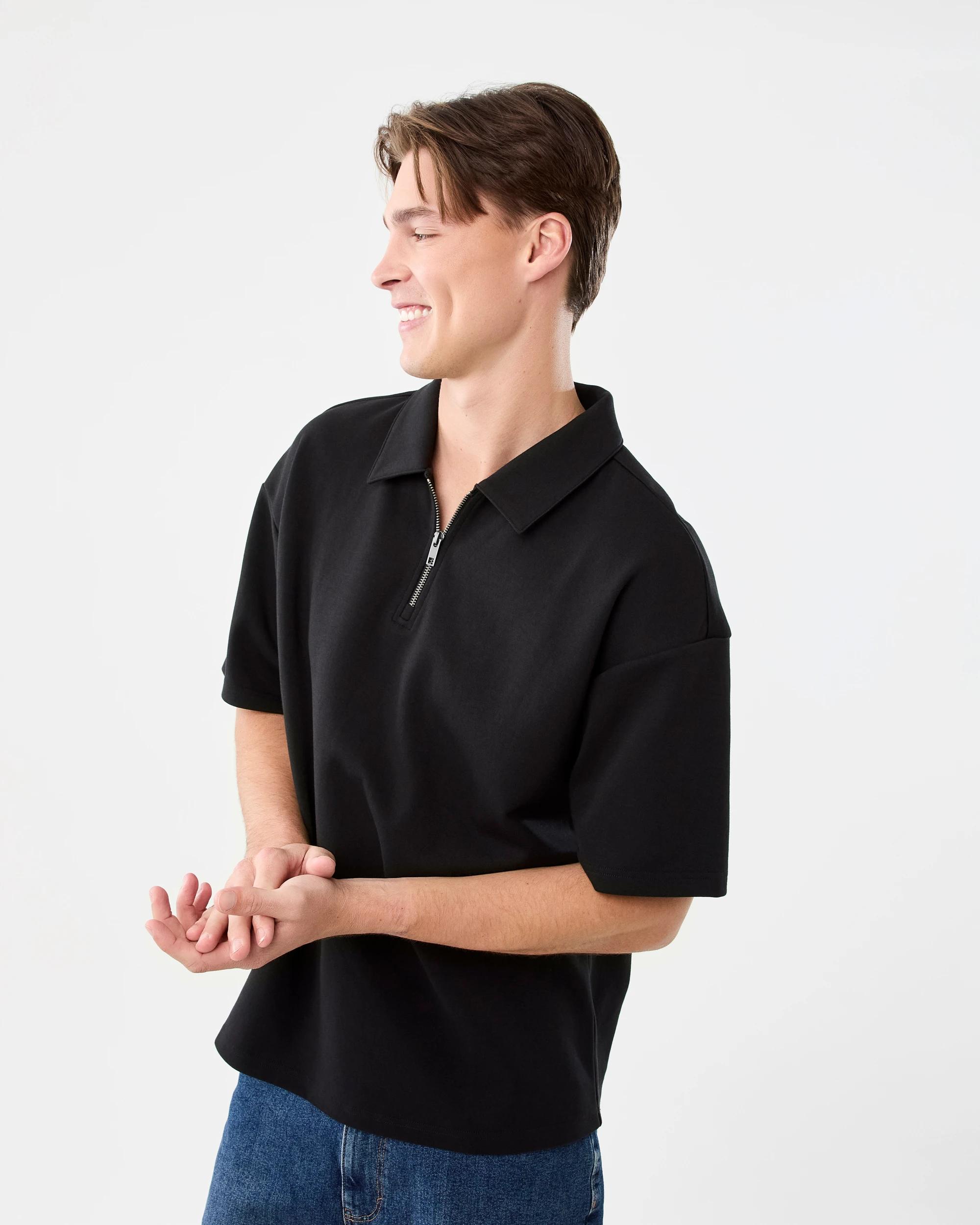 2 1/4 Zip Interlock Polo Shirt Black, 2 of 5