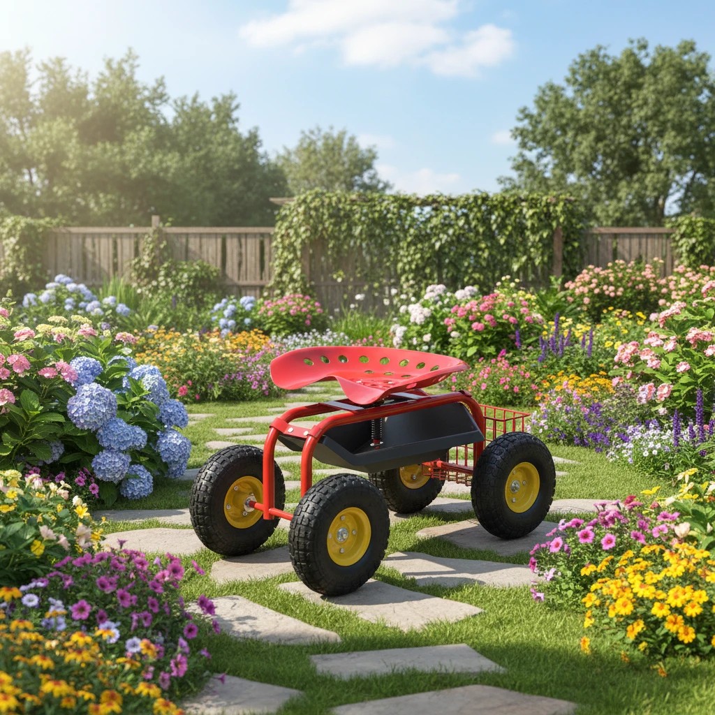 2 Costway Garden Cart Work Seat Metal Garden Stool Rotatable Seat Adjustable w/Tool Tray Basket - Red, 2 of 3