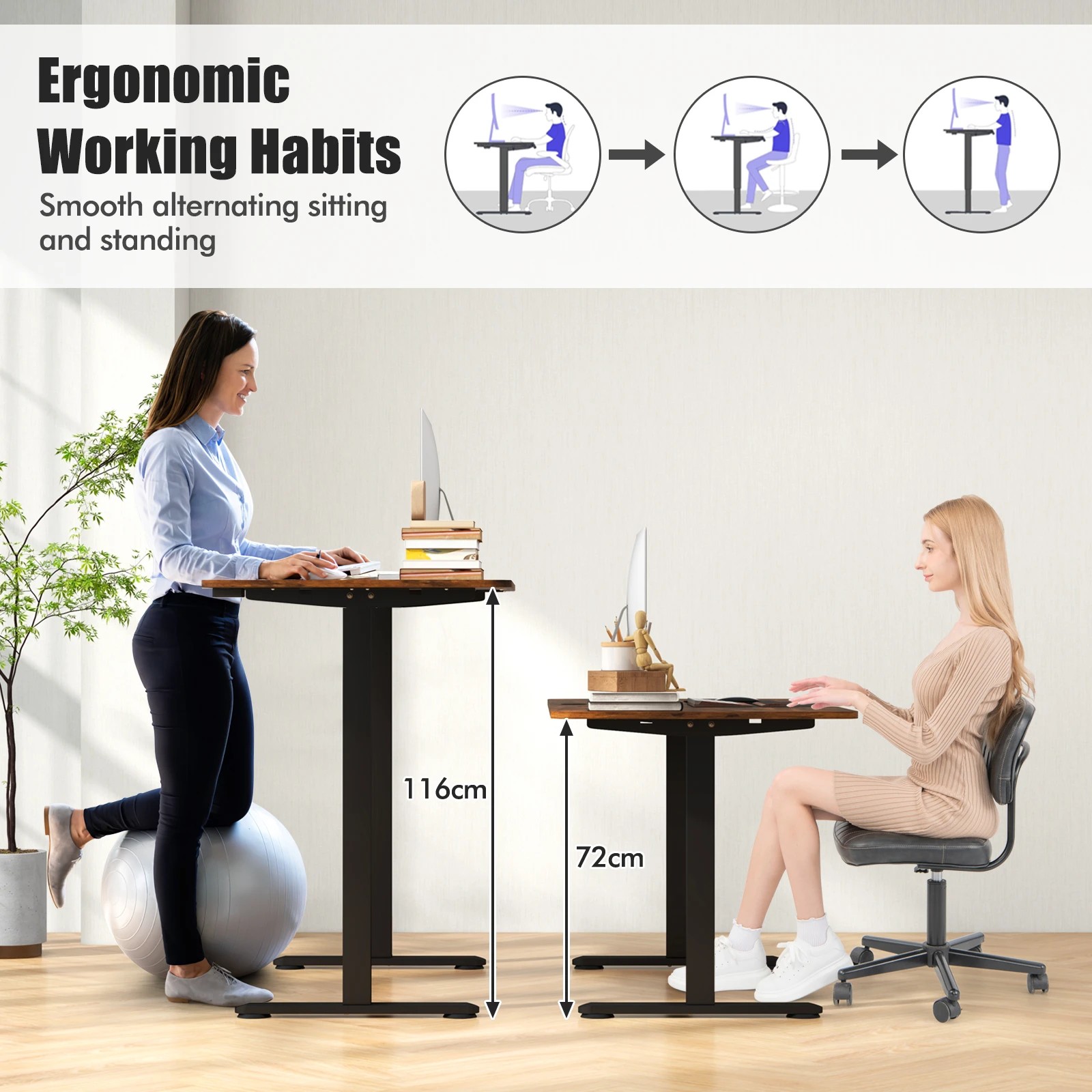 2 Costway 140cm Electric Standing Desk Motorised Sit Stand Table - Brown, 2 of 7