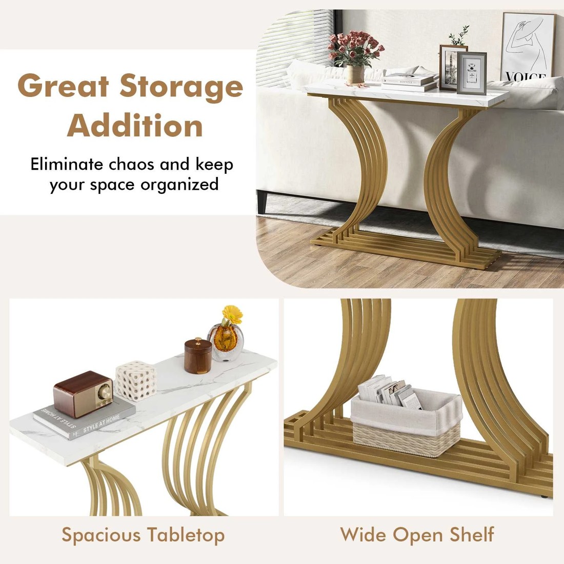 4 Costway Modern Console Table Faux Marble Tabletop, 4 of 9