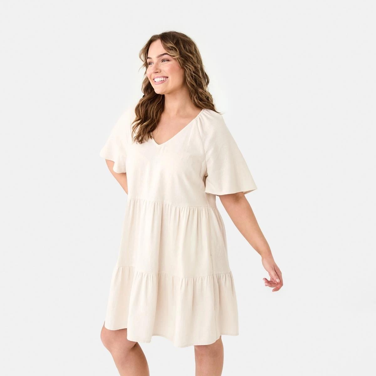 3 Short Sleeve Linen Blend Tiered Mini Dress NATURAL BEIGE, 3 of 10