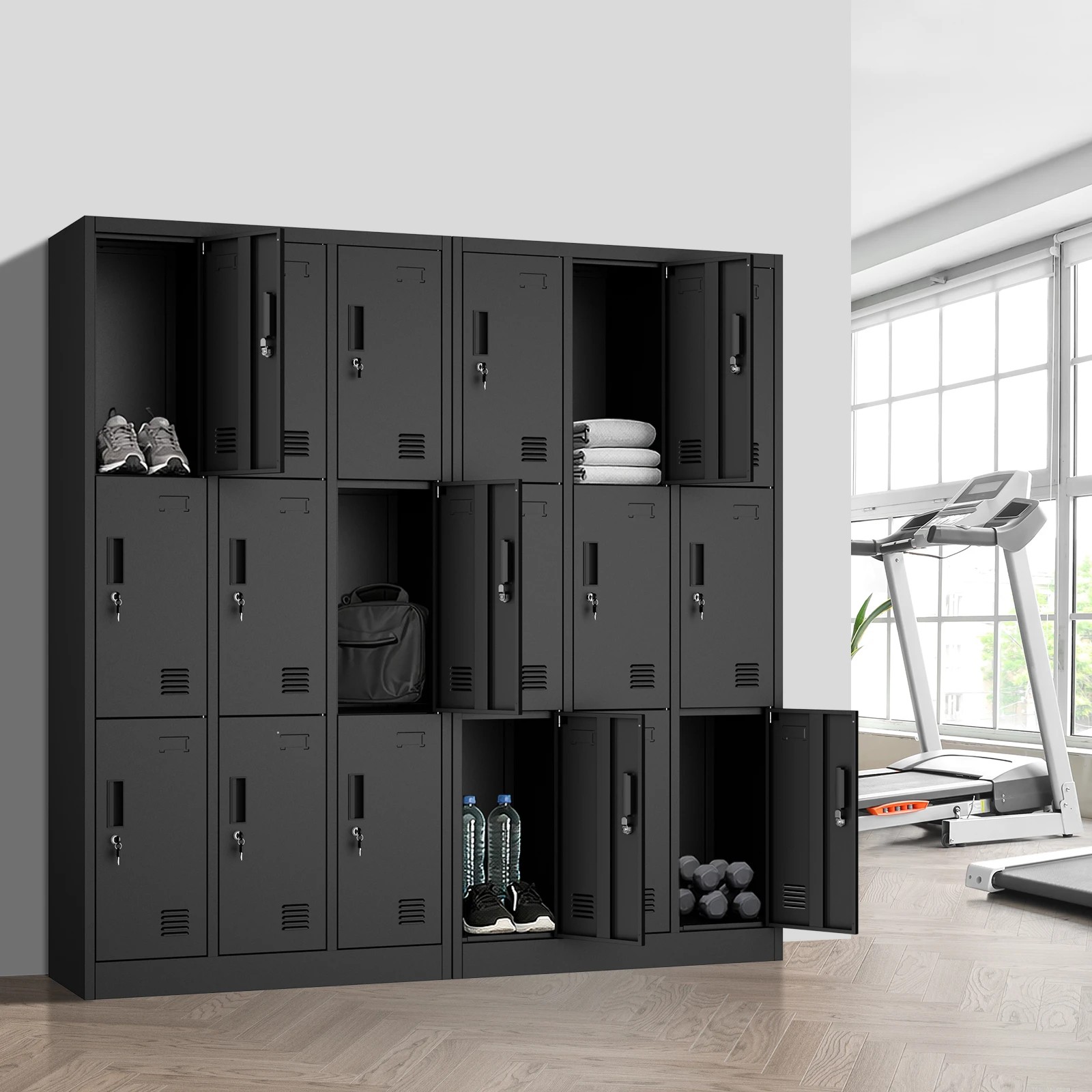 3 Oikiture 9 Doors Locker Cabinet Steel Storage Cupboard Office School Gym - Black, 3 of 10