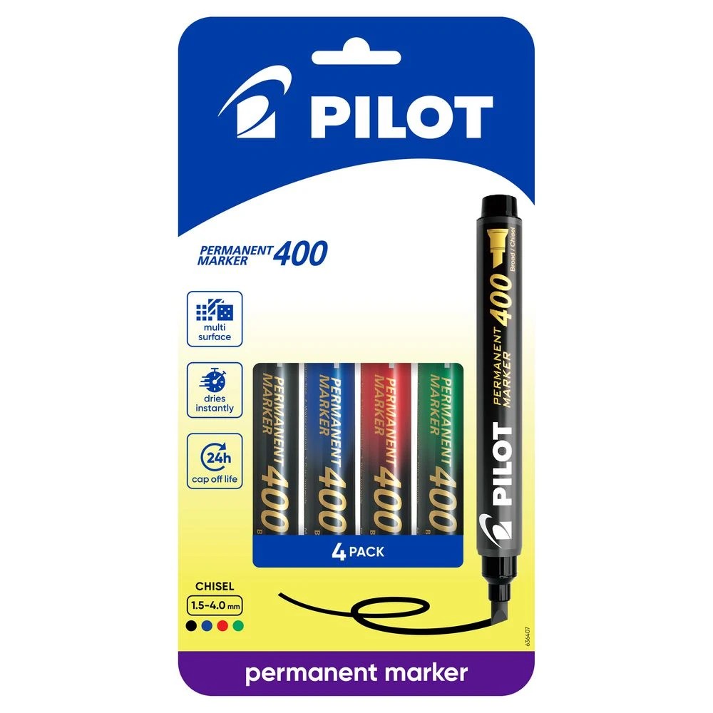 1 PILOT SCA400 Permanent Marker Chisel 1.5-4mm Assorted 4 Pack, 1 of 6