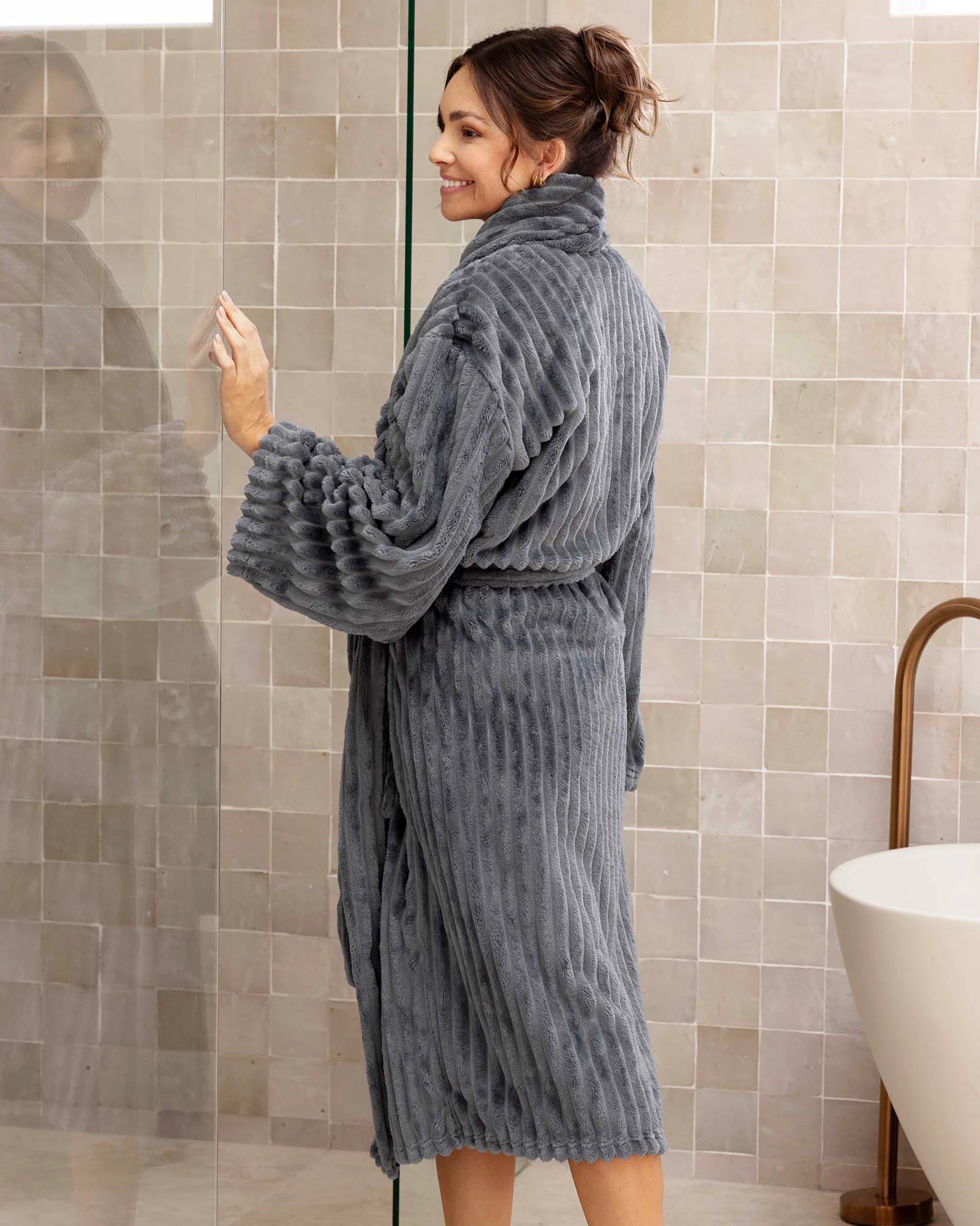 2 Bambury Channel Plush Velour Striped Fleece Robe Medium/Large Steel - Grey, 2 of 4
