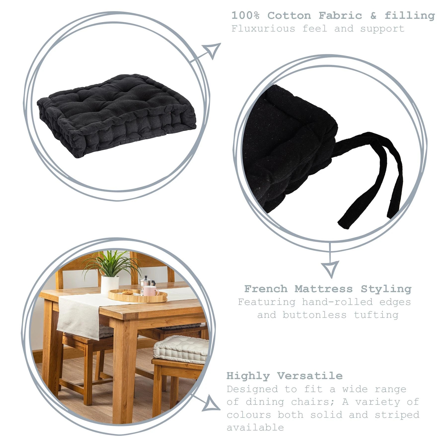 2 Nicola Spring Garden Chair Seat Cushions - 40cm x 40cm - Pack of 6 - Black, 2 of 7