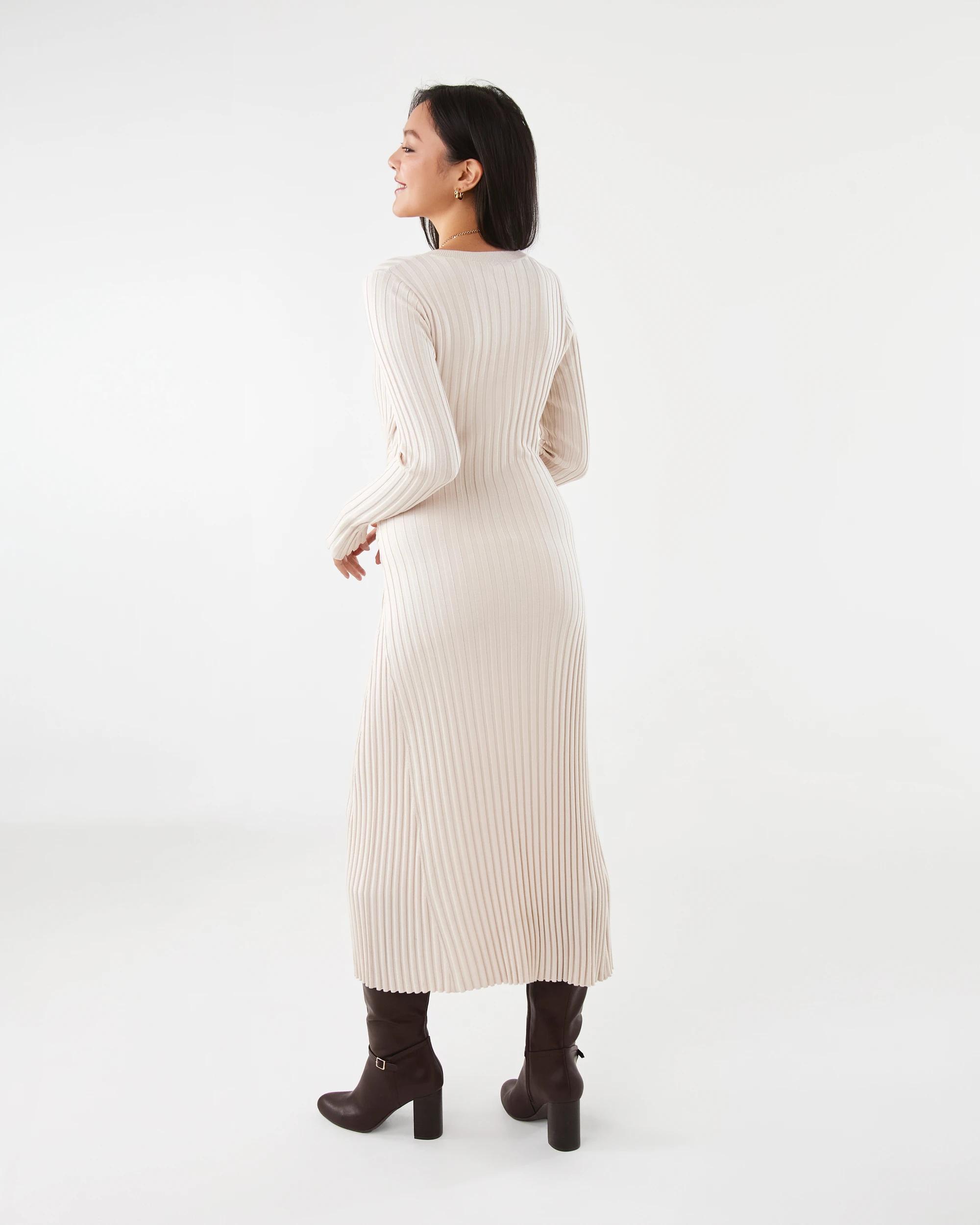 3 Long Sleeve Waist Tie Maxi Dress Nat Beige, 3 of 7