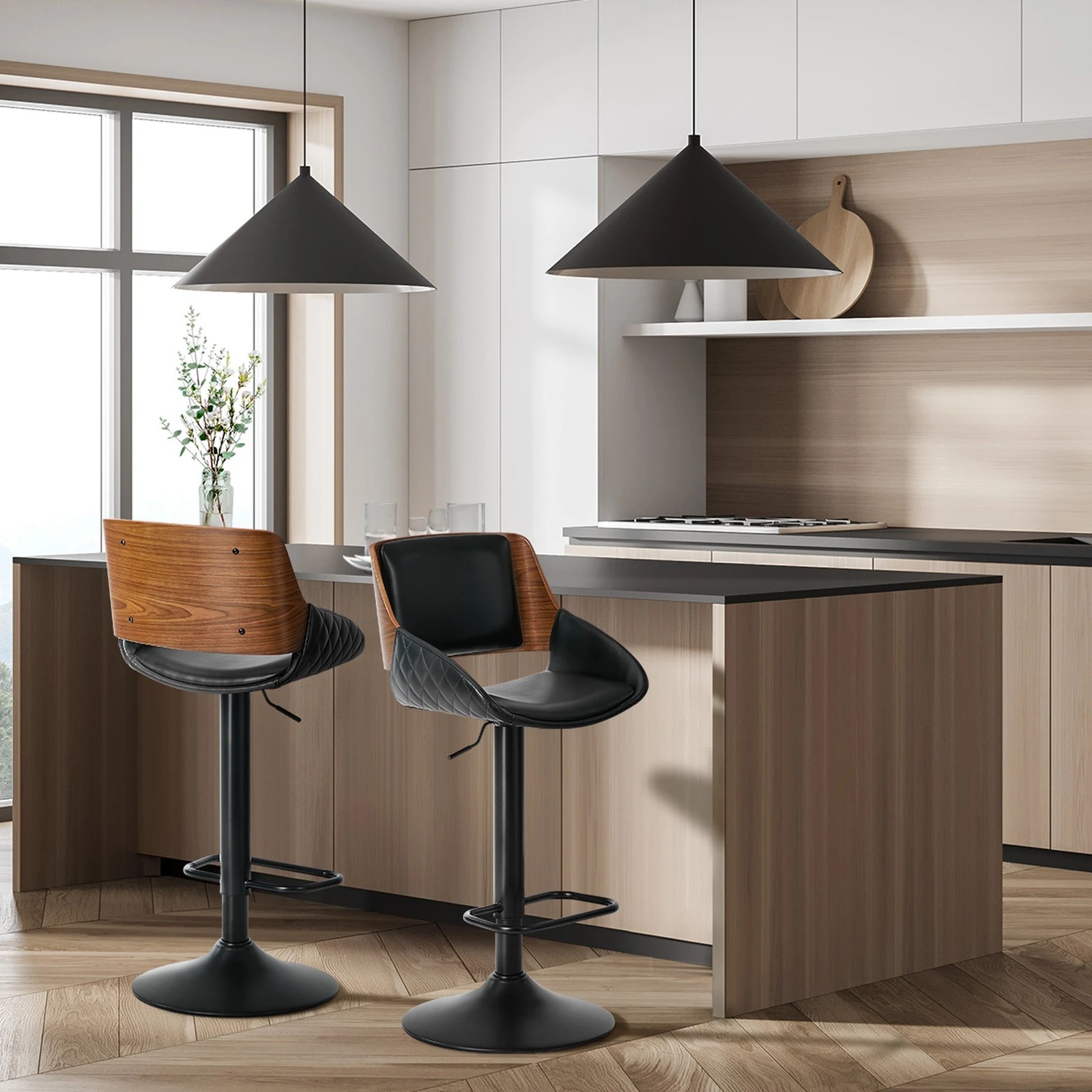 4 Oikiture 2x Bar Stools Kitchen Dining Chairs Swivel Gas Lift Stool Leather - Black, 4 of 8