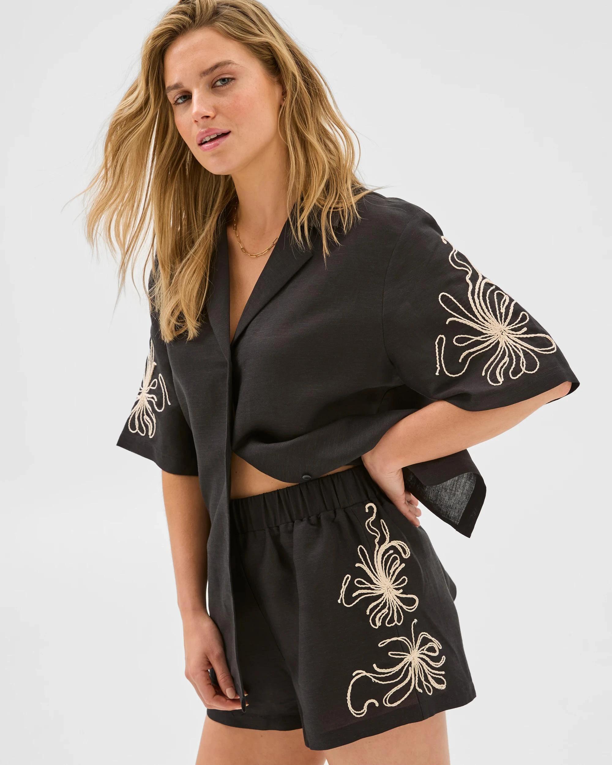 1 Lily Loves European Linen Blend Relaxed Embroidered Shorts BLACK, 1 of 6