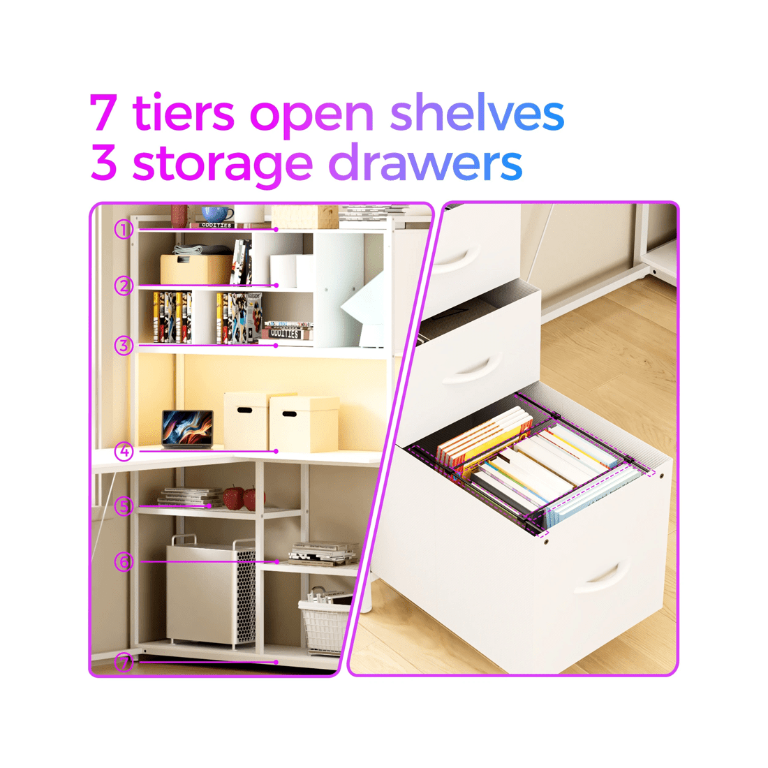 5 Advwin L Shaped Gaming Desk With Led Lights Reversible 148cm Computer Desk With 3 Drawers And Bookshelf White, 5 of 9