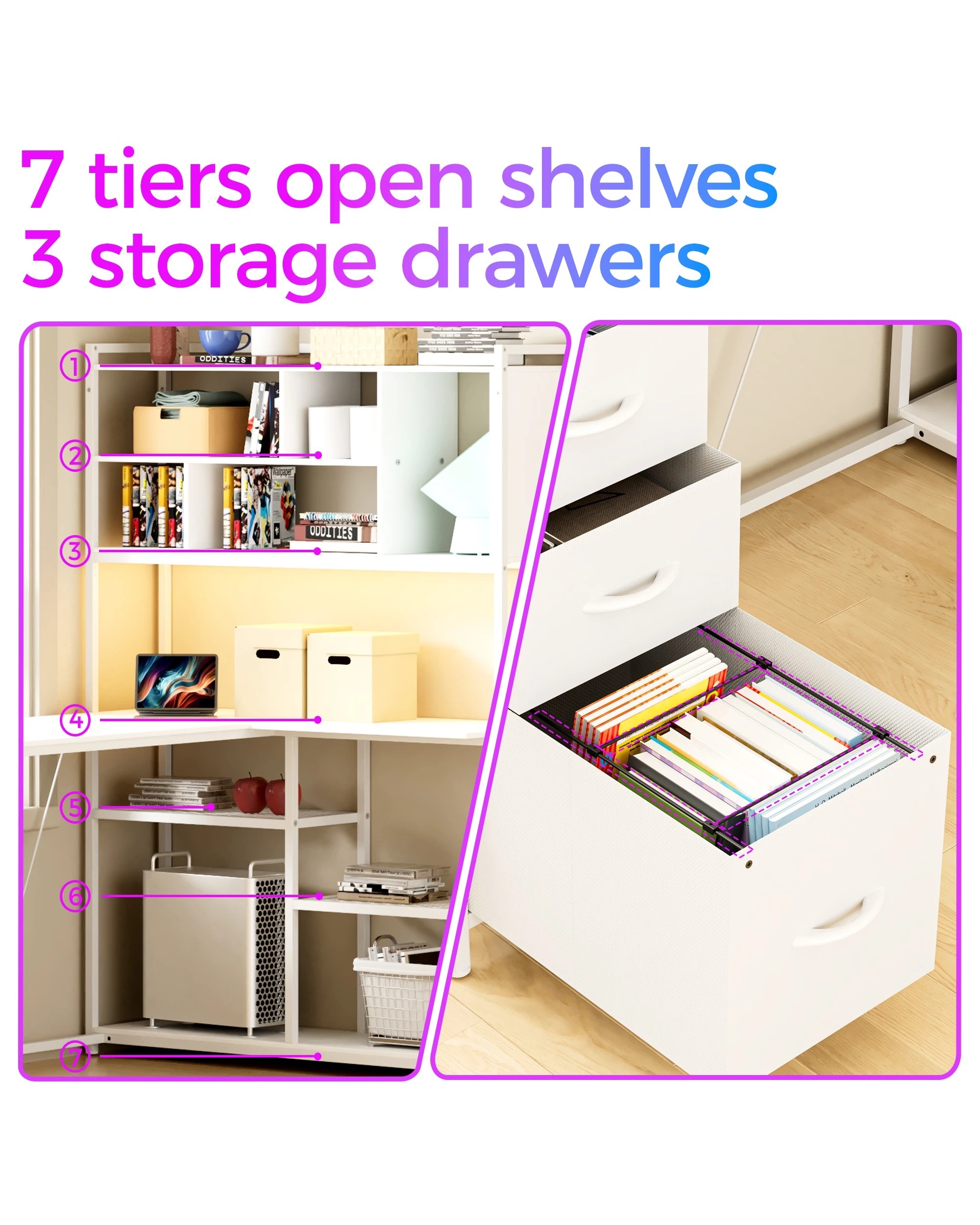 5 Advwin L Shaped Gaming Desk With Led Lights Reversible 148cm Computer Desk With 3 Drawers And Bookshelf White, 5 of 9