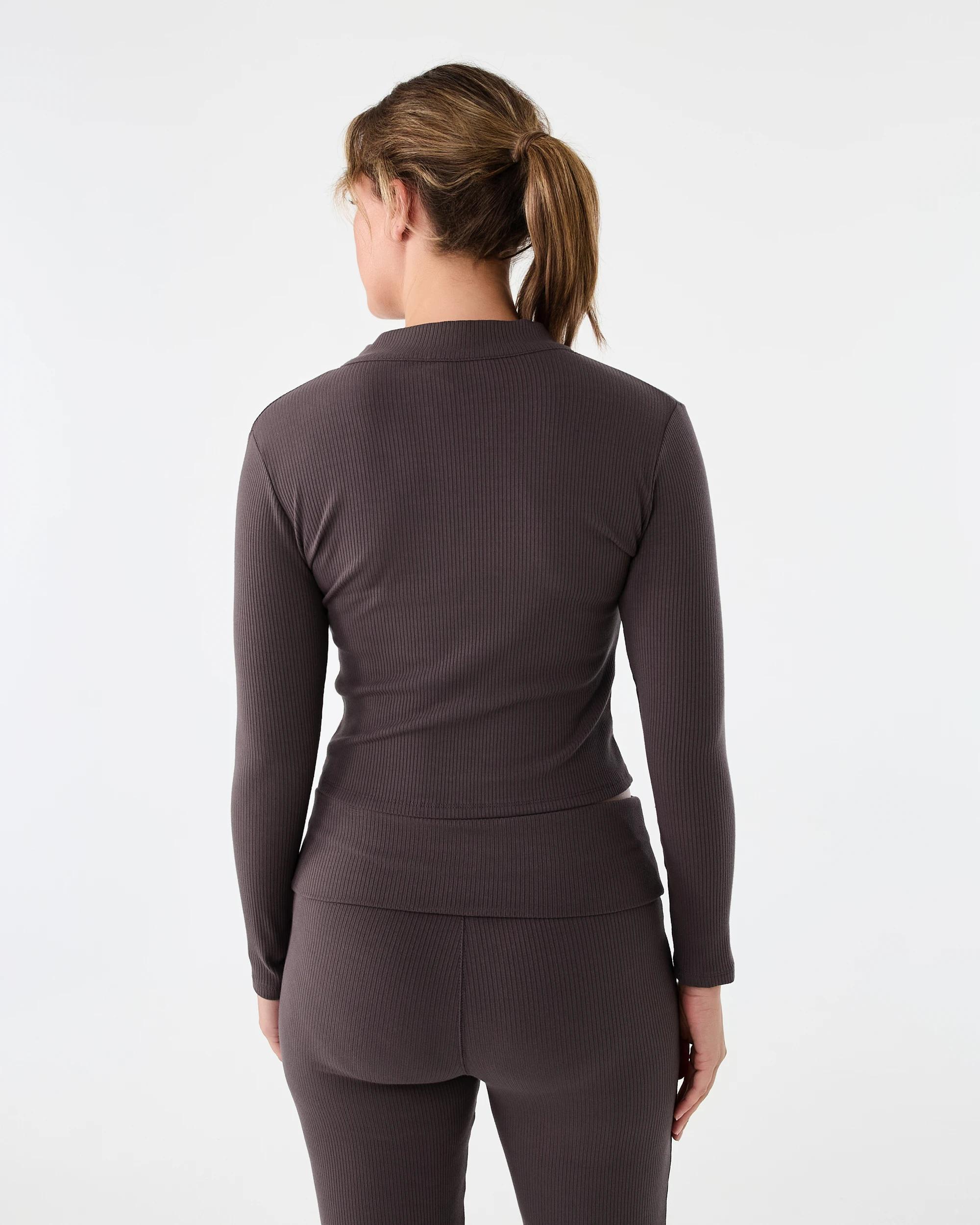 4 Active Womens Ribbed Zip Through Long Sleeve Top Espresso, 4 of 10