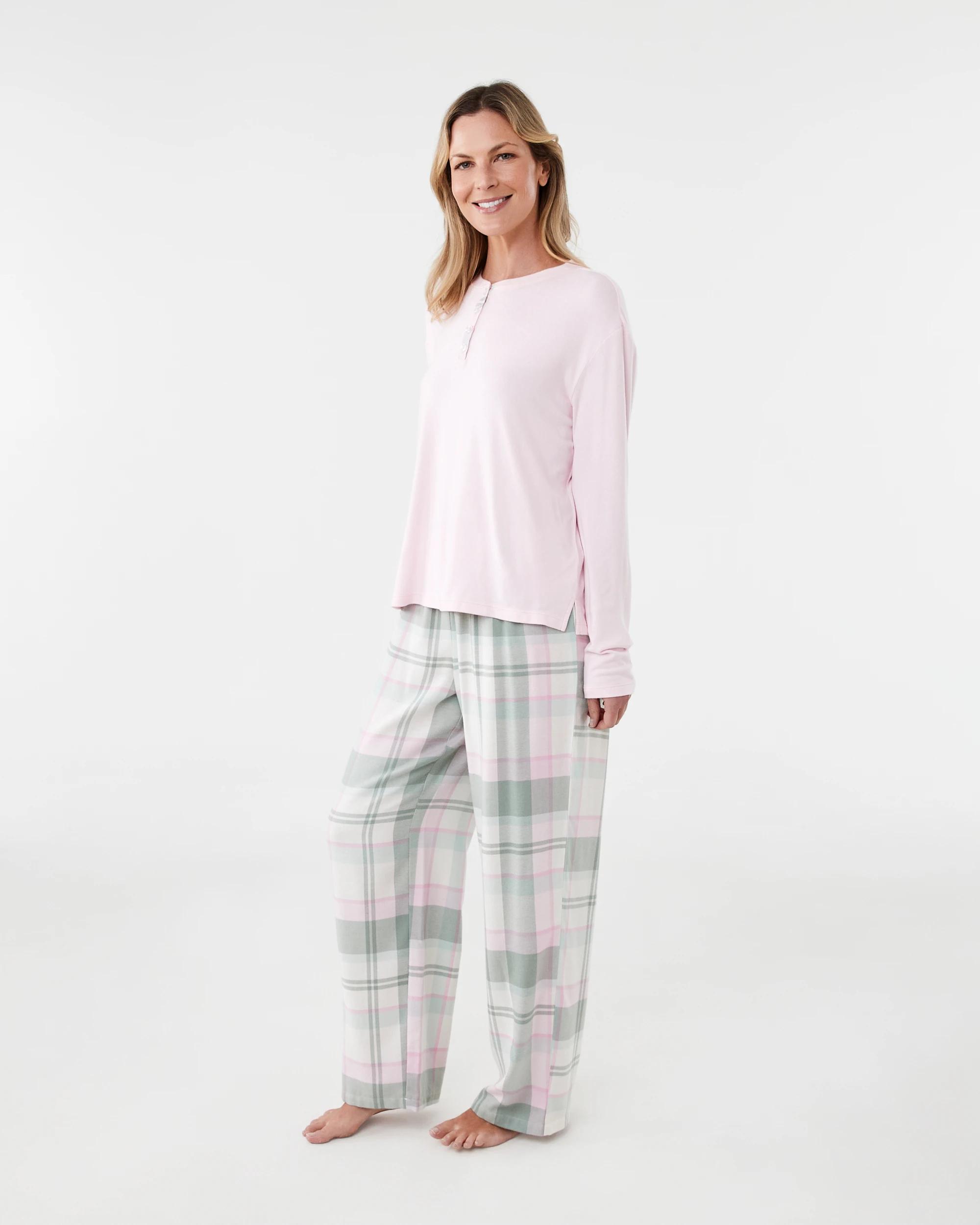 2 Supersoft Henley Top and Flannel Pants Pyjama Set Chk Gn Pik, 2 of 8