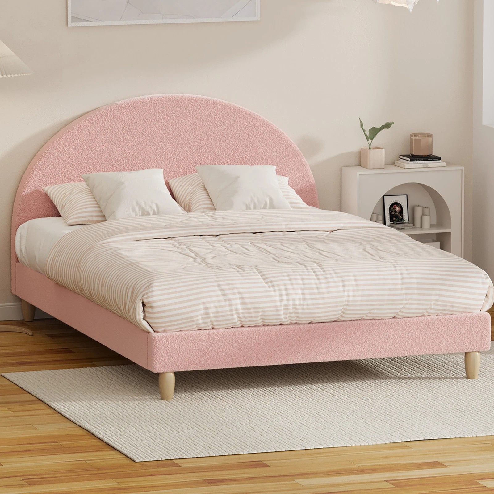 3 Oikiture Bed Frame Double Size Platform Base Arched Bedhead Boucle - Pink, 3 of 7