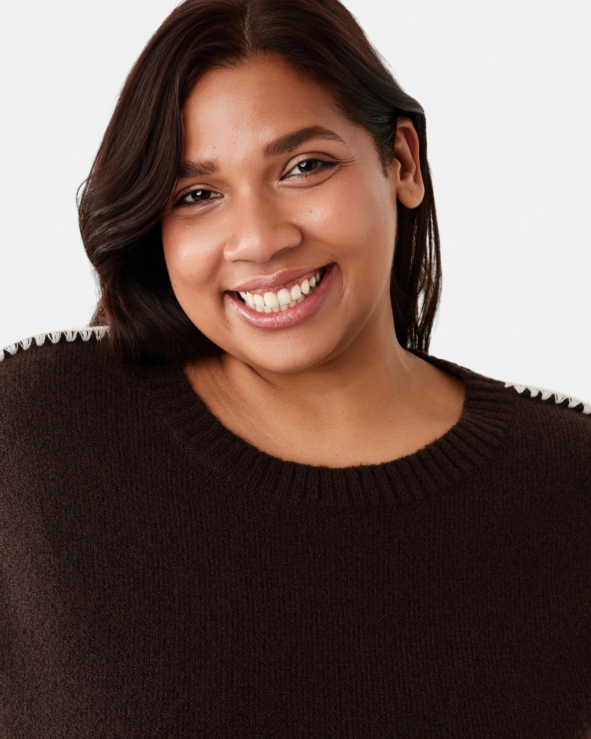 3 Curve Long Sleeve Blanket Stitch Jumper Choc Plum, 3 of 6