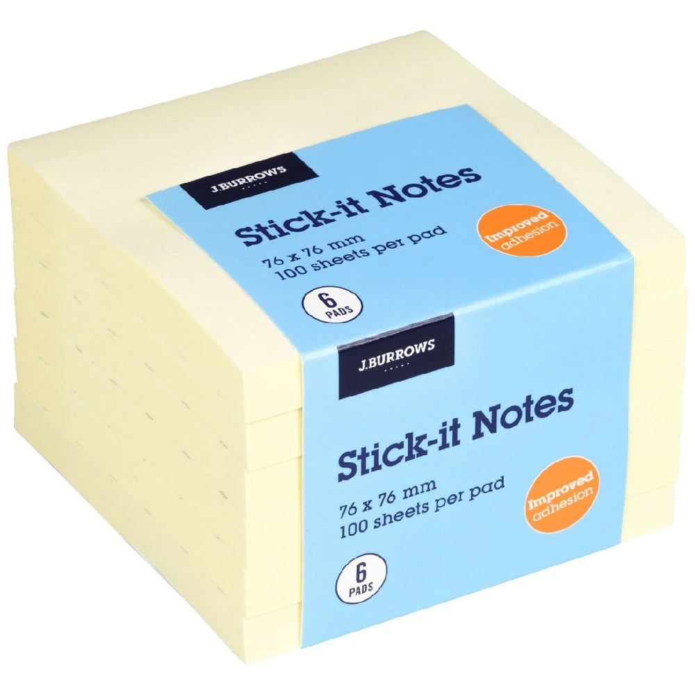 1 J.Burrows Stick-It Notes 76x76mm Yellow 6 Pack, 1 of 3