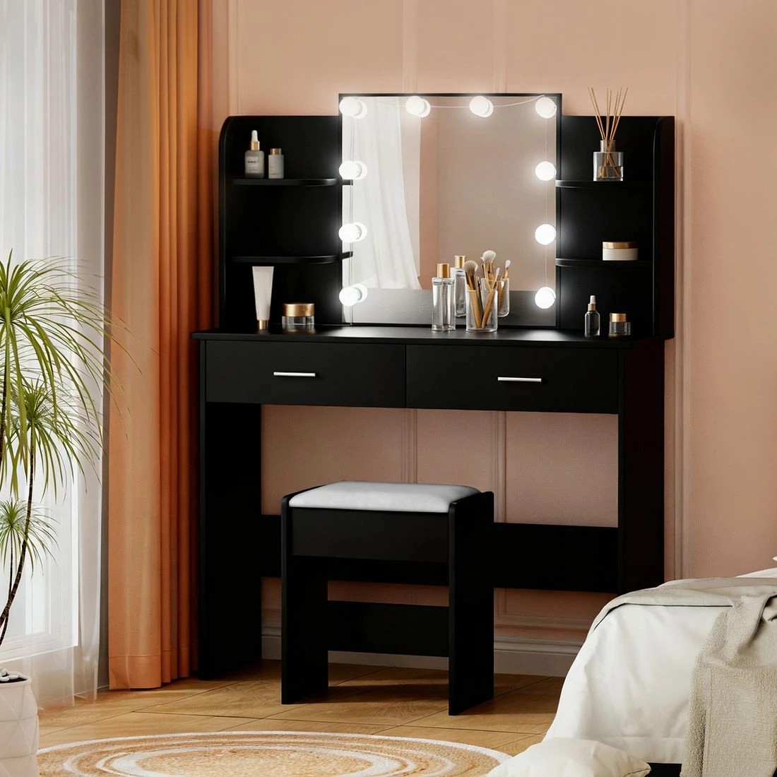 1 Artiss Dressing Table Set Stool 10 Led Bulbs  Dulcea - Black, 1 of 8