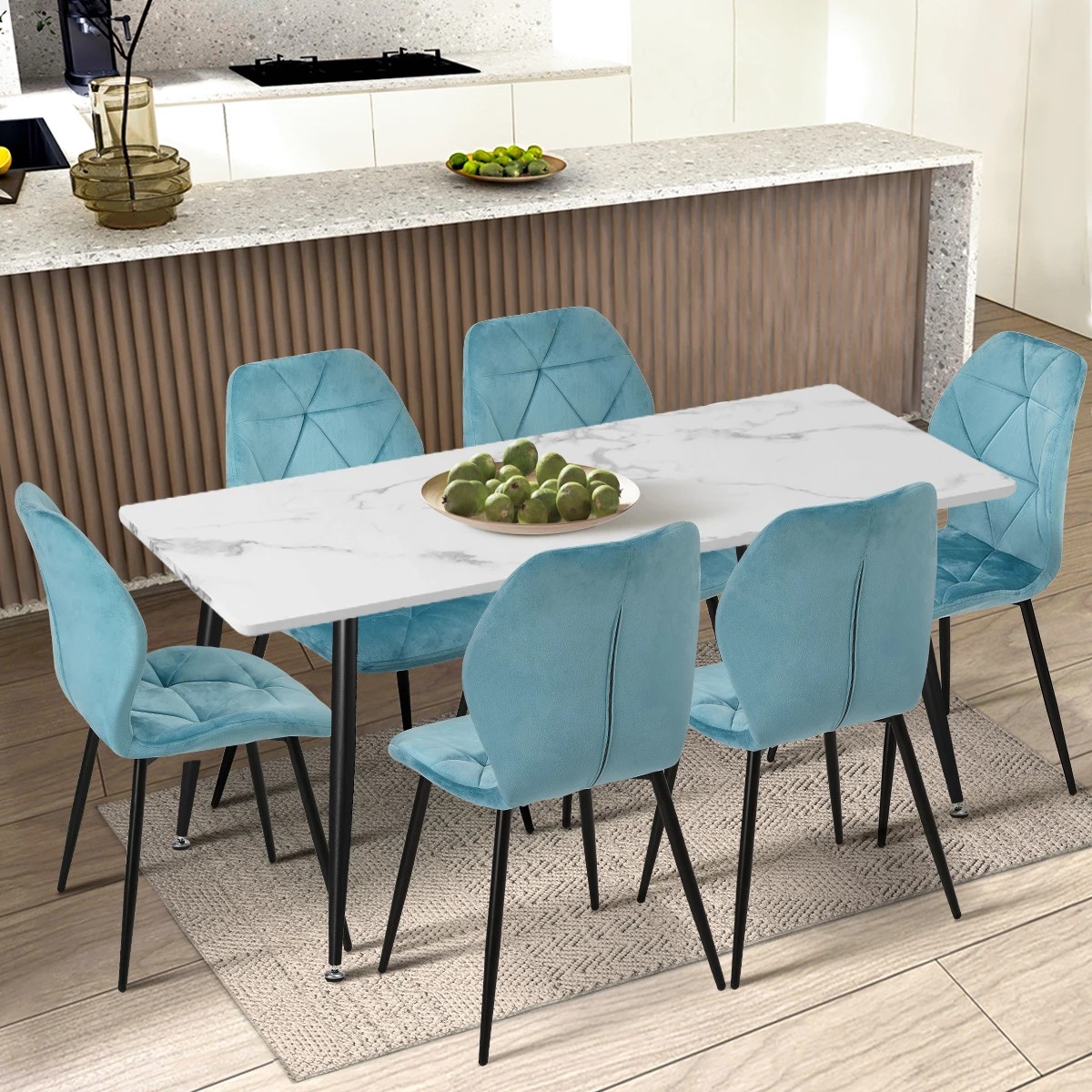 3 Oikiture Set Of 6 Dining Chairs Kitchen Chair Padded Seat High Back Velvet
 - Blue, 3 of 10