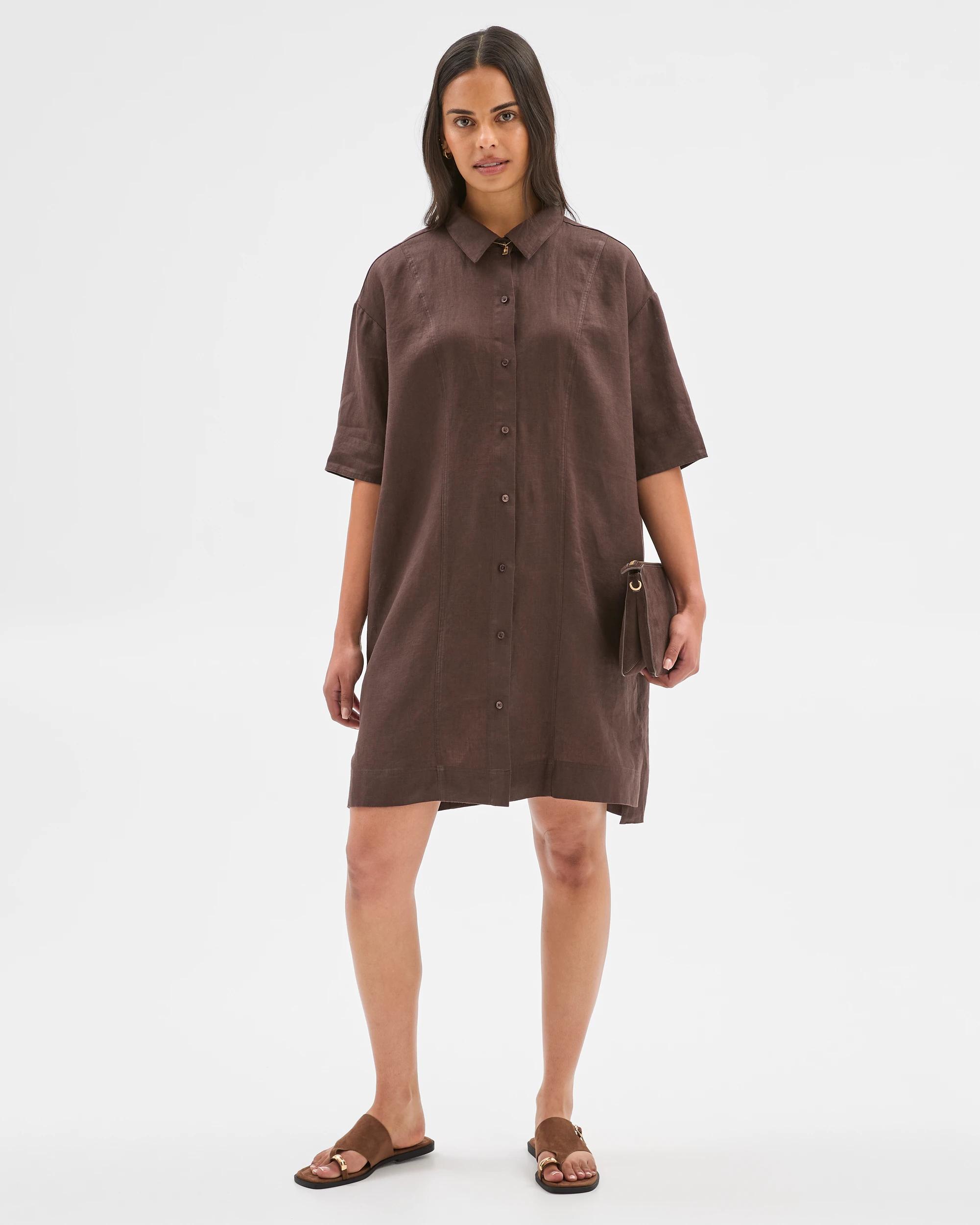 2 Target Woman European Linen Short Sleeve Shirt Mini Dress BRUNETTE, 2 of 6