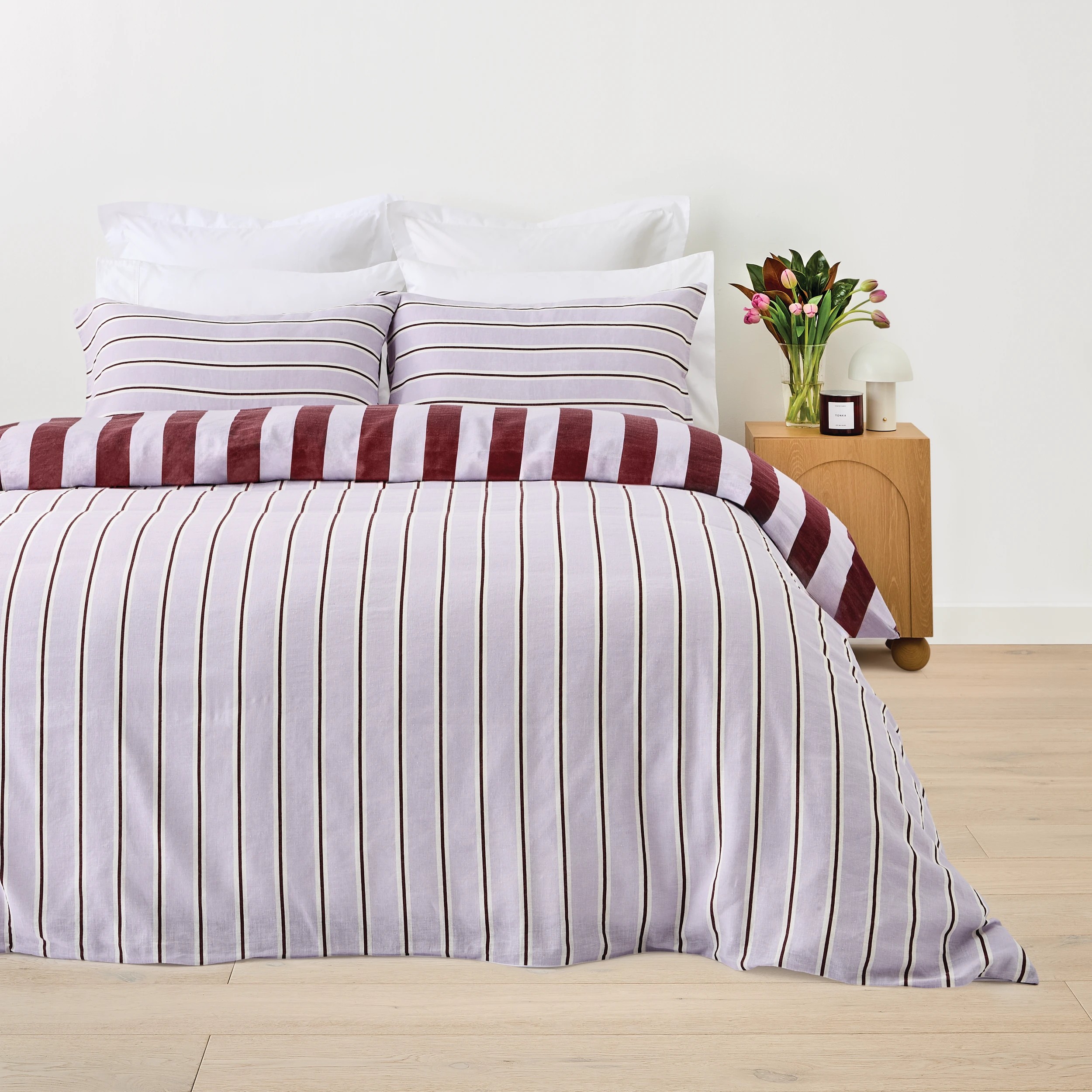 2 Stripe Linen Cotton Quilt Cover Set - Super King Bed, Port and Lilac, 2 of 8
