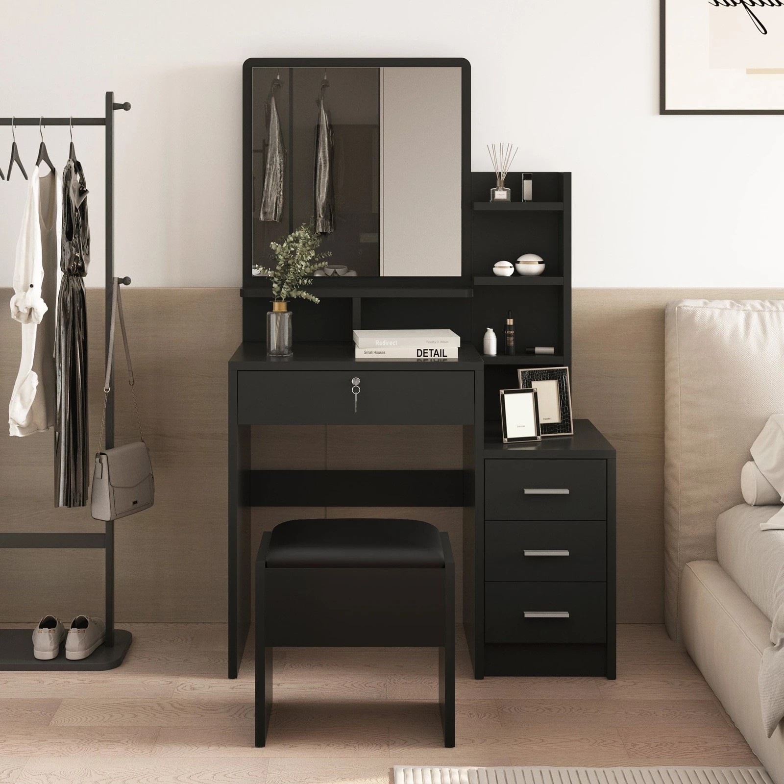 4 Alfordson Dressing Table Stool Set Makeup Mirror Vanity Desk Black - Black, 4 of 10