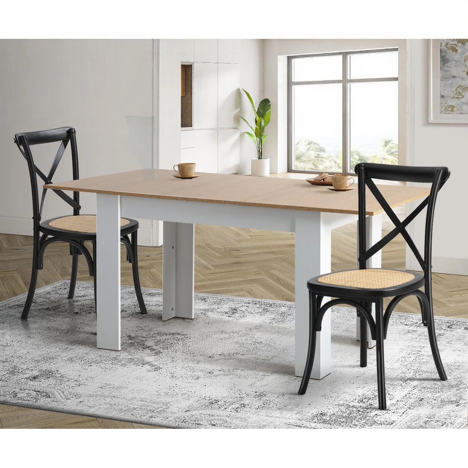 5 Oikiture 2pcs Crossback Dining Chair Solid Birch Timber Wood Ratan Seat
 - Black, 5 of 10